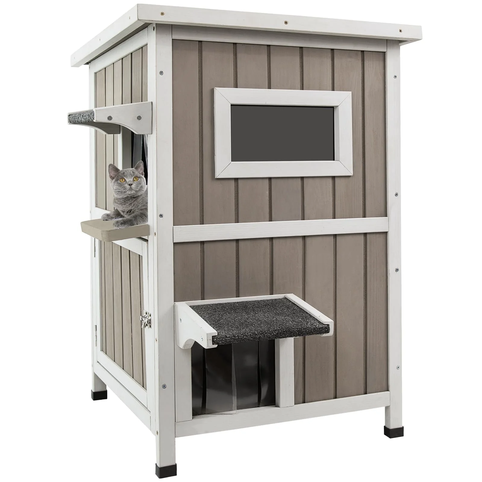 Gowoodhut PET20 Outdoor Cat House, 2-Story Feral Cat House with Escape Doors for Outside, Weatherproof