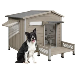 Gowoodhut PET67 Outdoor Dog House with Porch, Wooden Dog Kennel with Asphalt Roof