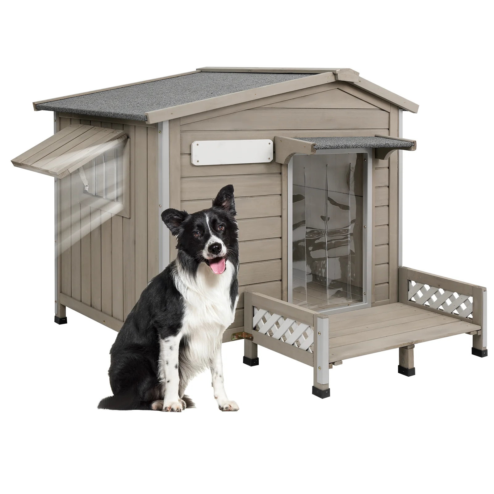 Gowoodhut PET67 Outdoor Dog House with Porch, Wooden Dog Kennel with Asphalt Roof