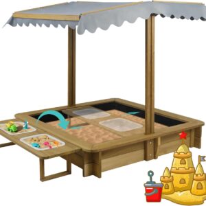 Outdoor GF05 Kids Sandbox with Lid, Wooden Sand Box with Cover, with 2 Side Buckets, Adjustable Canopy & UV-Protection, Natural fir/Smooth Surface, Sand Box for Kids Ages 2-8