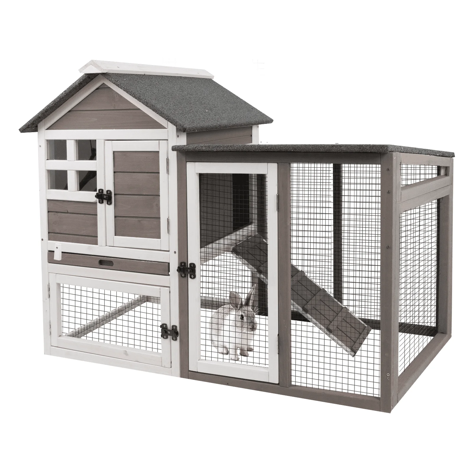Gowoodhut RAB17 Rabbit Hutch Indoor 2-Story Bunny Cage Outdoor with Run for Small Animals, Gray