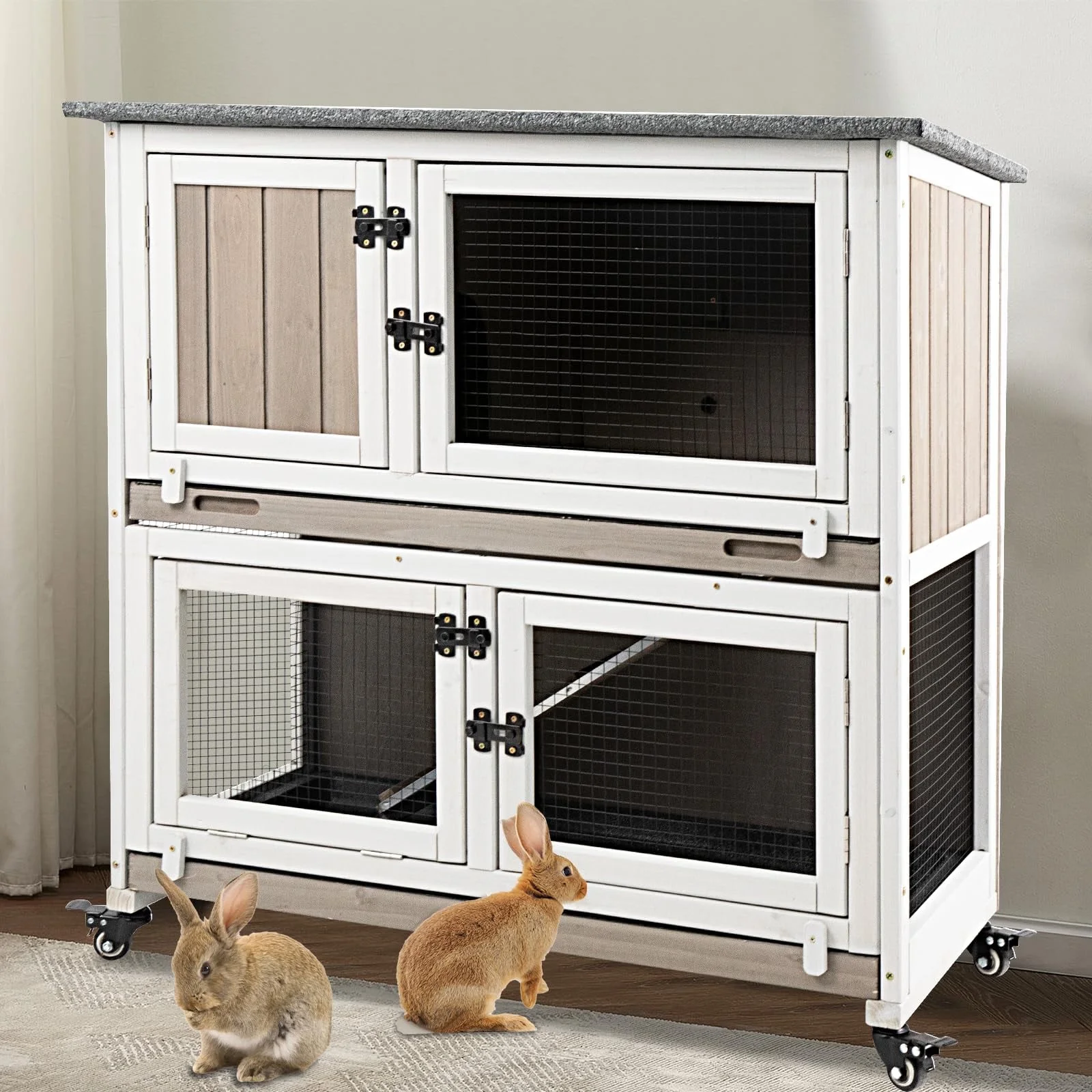 Gowoodhut PET34 Rabbit Hutch Indoor Wooden 2 Story Bunny Hutch Rabbit Cage with Wheels for Small Animals