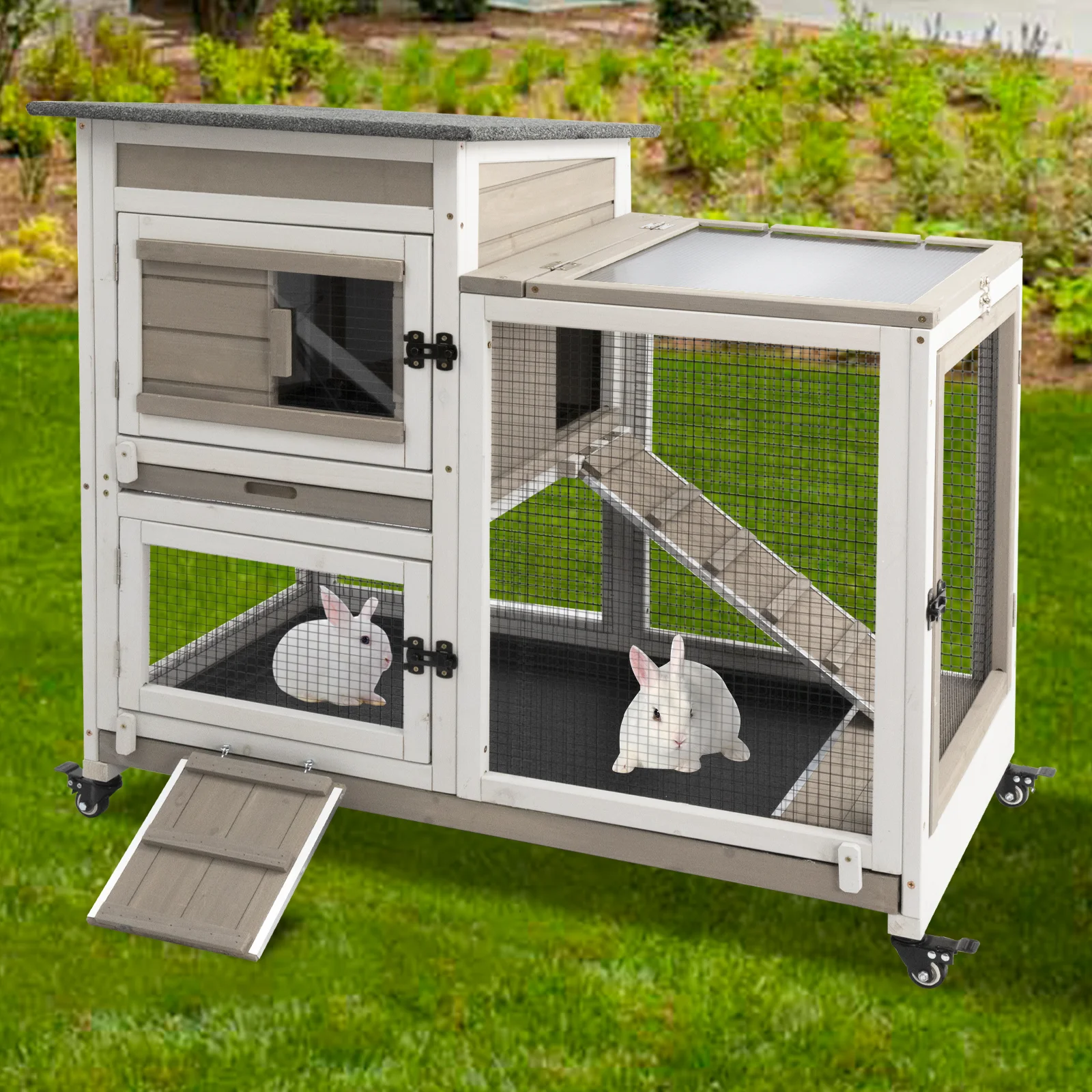 Gowoodhut PET32 Rabbit Hutch Indoor Large 2-Story Outdoor Wooden Bunny Hutch with Run on Wheels, Gray