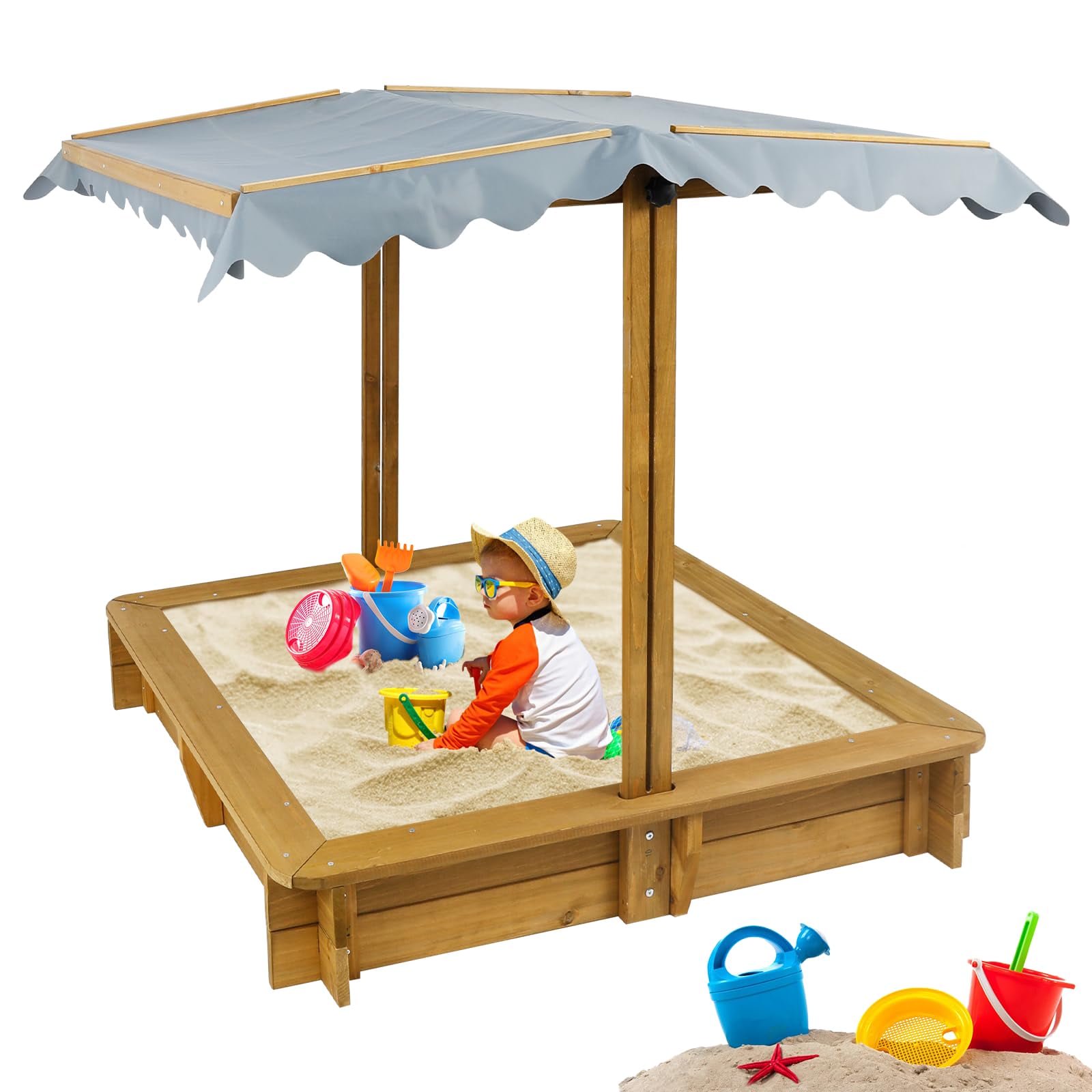 Gowoodhut GF04 Wooden Sandbox Outdoor Backyard, Kid's Large Sand Box with Retractable Canopy for Aged 3-8 Years Old,45.3x45.3in Children Sand Pit Play Equipment with Bottom Liner for Beach Garden, Brown