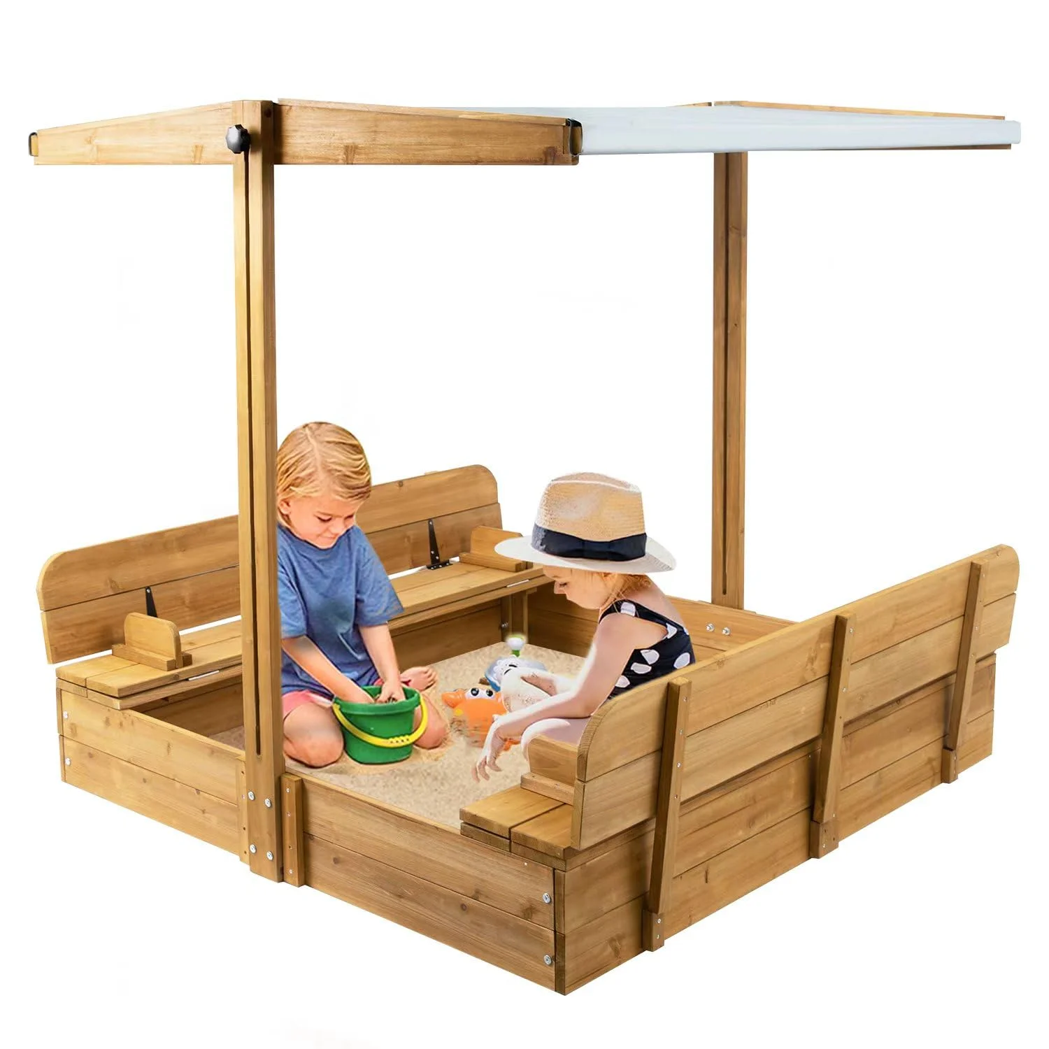 Gowoodhut GF01 Wooden Sandbox with Lid Outdoor Sand Box with Adjustable Height Roof for Kids