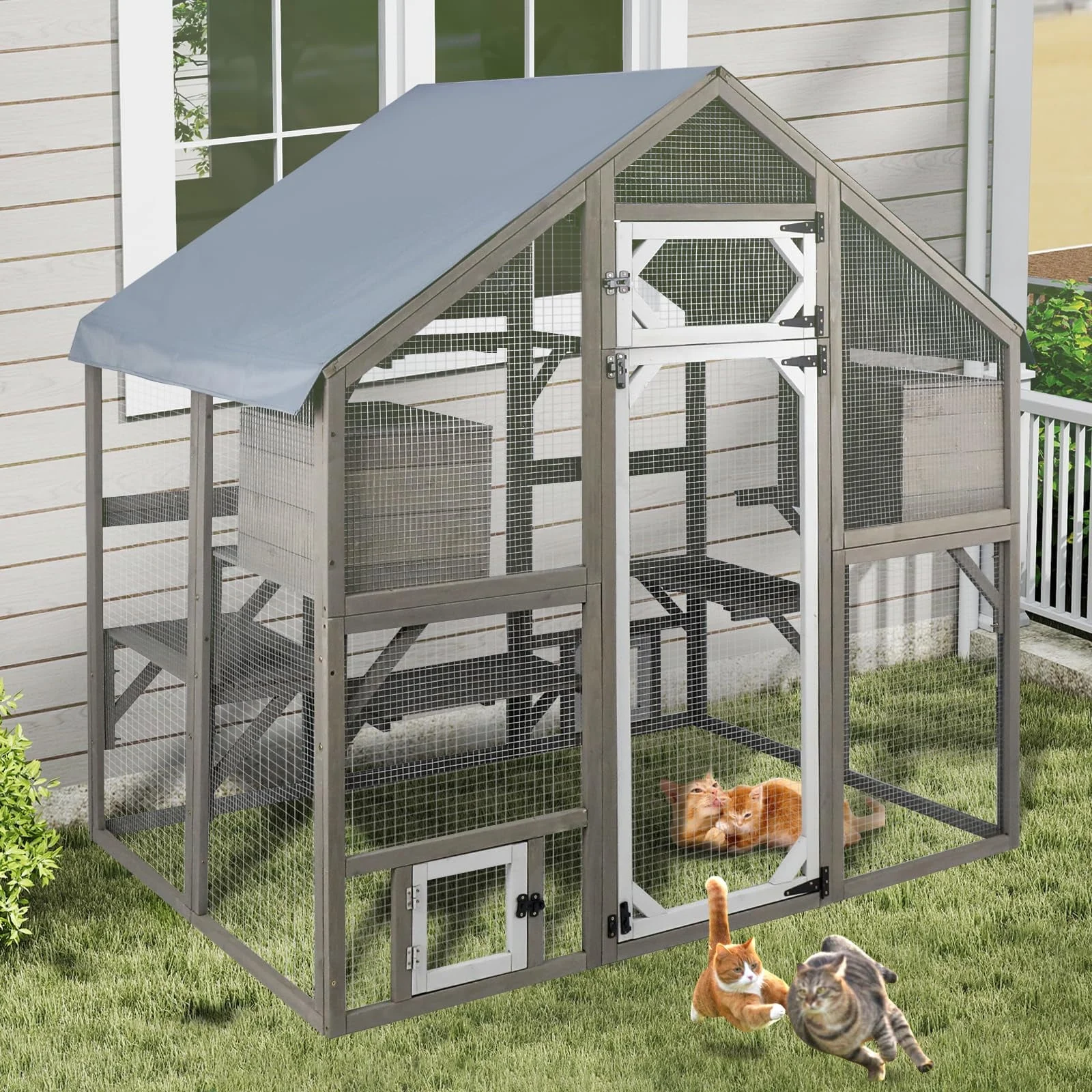 Gowoodhut PET03 Catio Outdoor Cat Enclosure for Multiple Cats Wooden Walk in Cats Shelter Kitty Enclosure