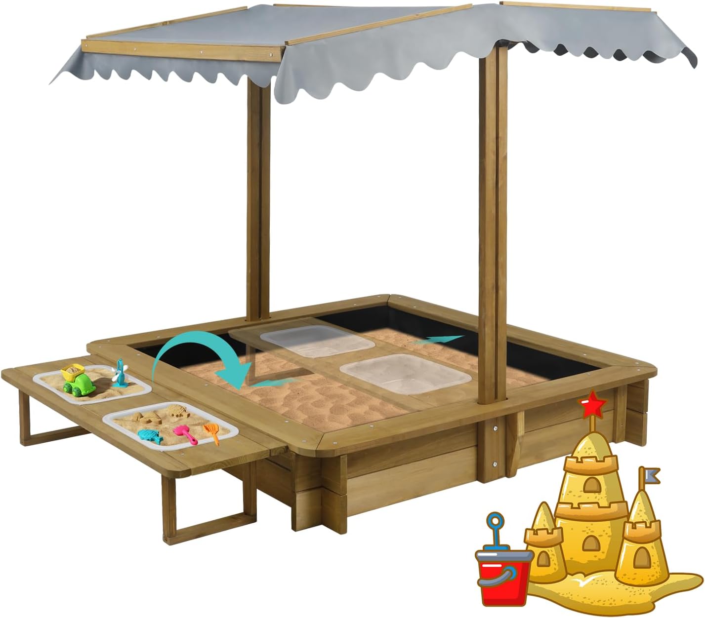 Outdoor GF05 Kids Sandbox with Lid, Wooden Sand Box with Cover, with 2 Side Buckets, Adjustable Canopy & UV-Protection, Natural fir/Smooth Surface, Sand Box for Kids Ages 2-8
