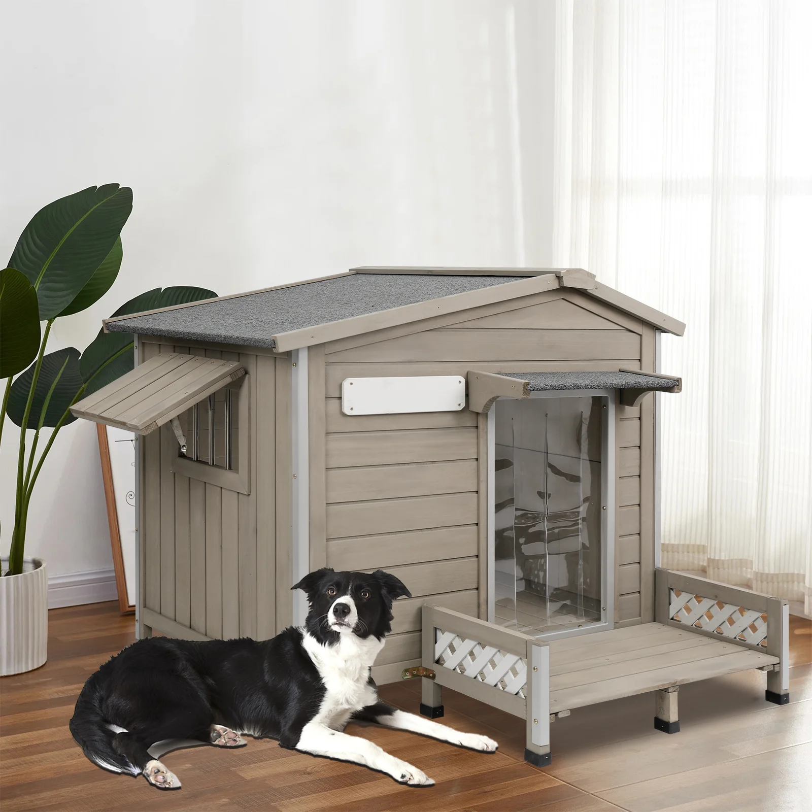 Gowoodhut PET67 Outdoor Dog House with Porch, Wooden Dog Kennel with Asphalt Roof - Image 2