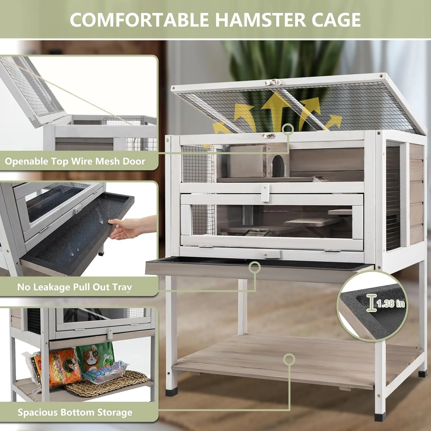 Gowoodhut PET39 Hamster Cages Wooden Guinea Pig Cage Indoor with Hideout for Small Animals, Gray - Image 2
