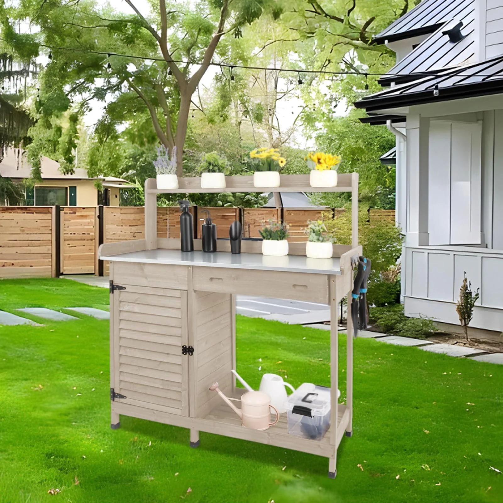 Gowoodhut GF10 Outdoor Garden Potting Bench Table,41" L Wooden Potting Table Work Bench for Horticulture gray - Image 2