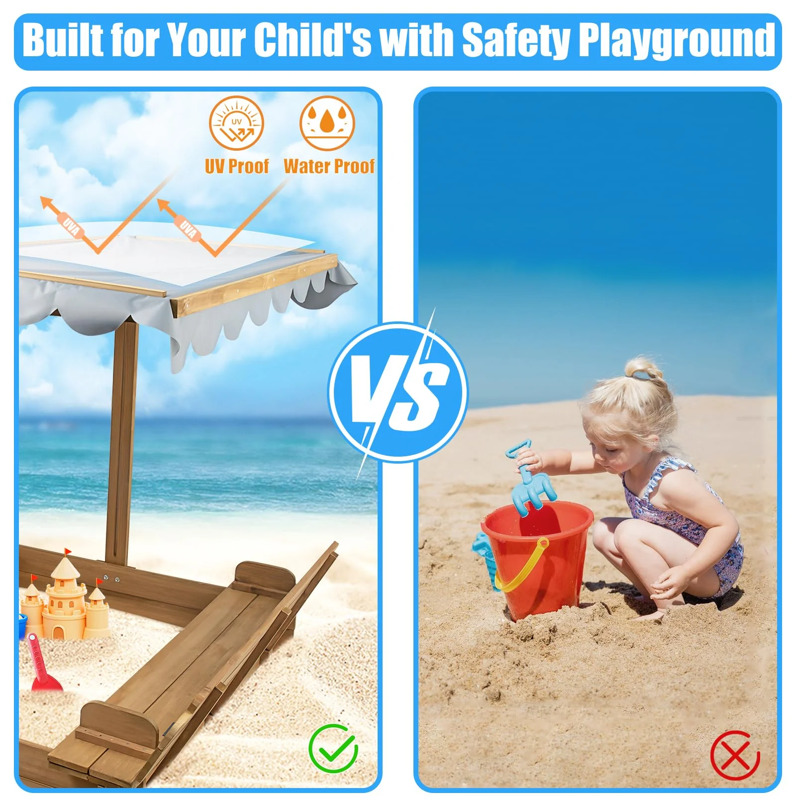 Gowoodhut GF03 Wooden Sandbox with Lid, Kids Sandbox with Cover Outdoor, Sandbox with 2 Foldable Bench Seats for Backyard - Image 2