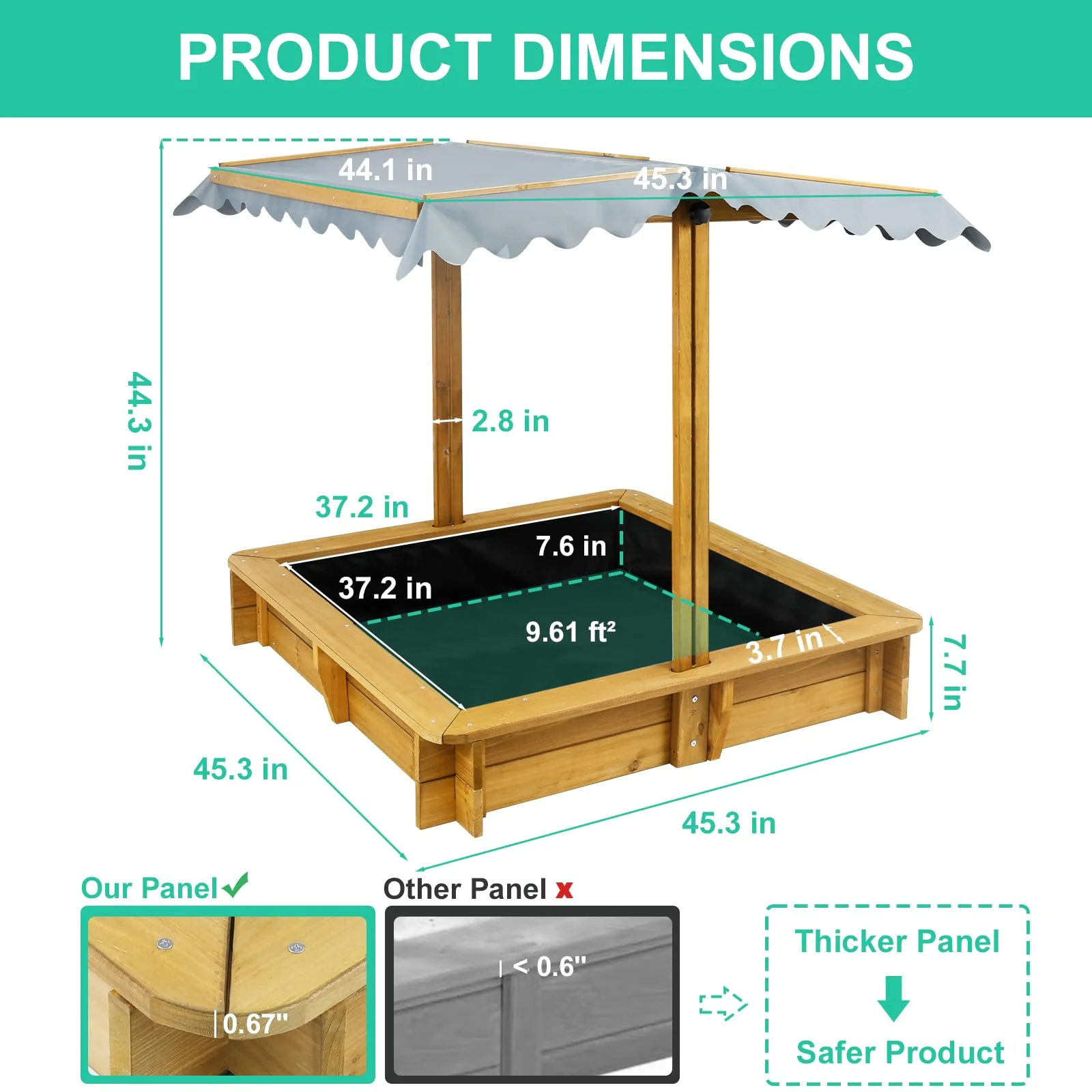 Gowoodhut GF04 Wooden Sandbox Outdoor Backyard, Kid's Large Sand Box with Retractable Canopy for Aged 3-8 Years Old,45.3x45.3in Children Sand Pit Play Equipment with Bottom Liner for Beach Garden, Brown - Image 2