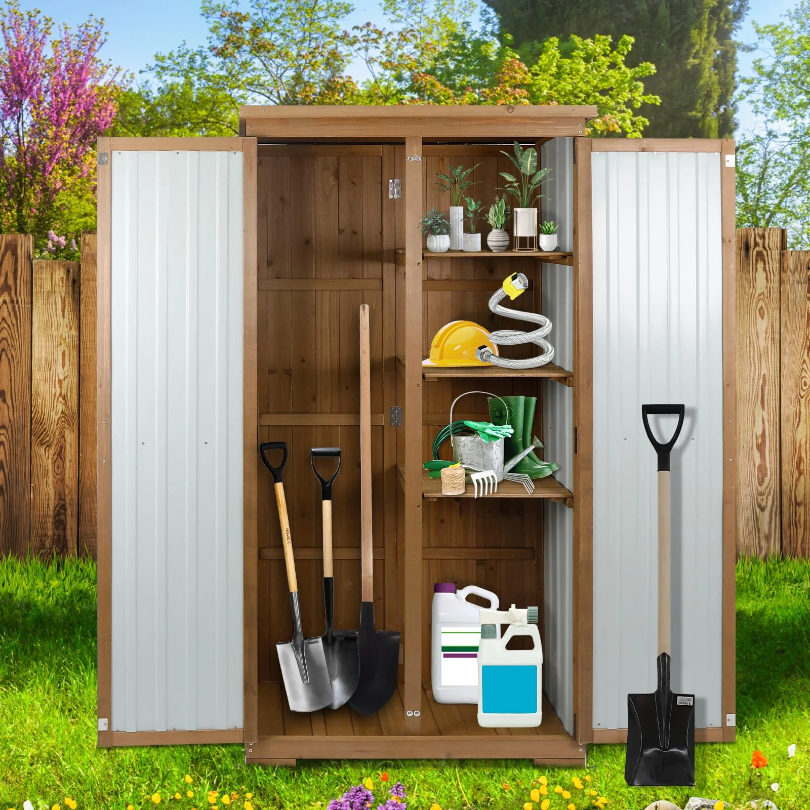 Gowoodhut GF32 Outdoor Storage Cabinet Wood & Metal, Tall Tool Shed with Weatherproof, Double Lockable Doors, Removable 3 Shelves, Adjustable Feet - Image 2