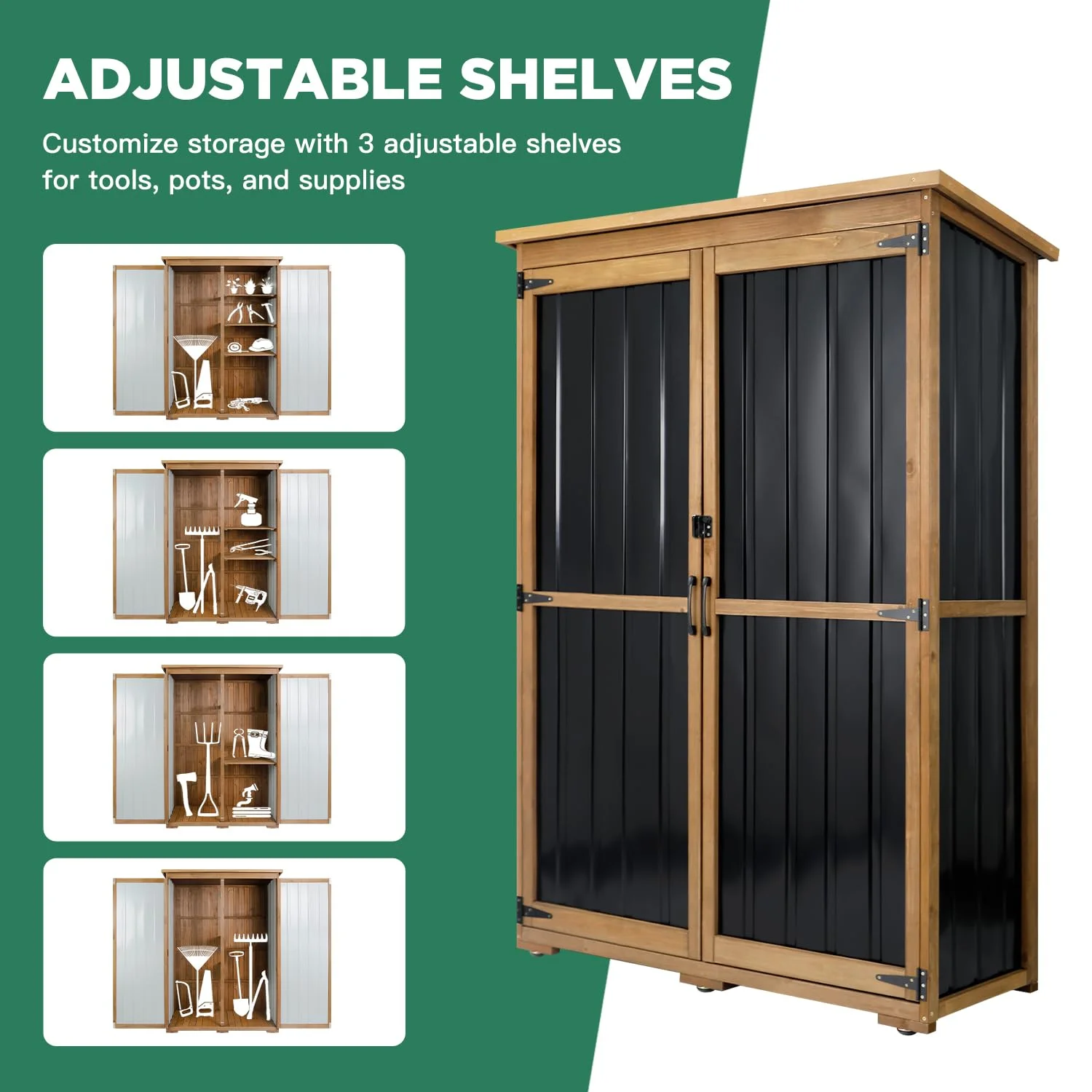 Gowoodhut GF33 Outdoor Storage Cabinet Wood & Metal, Storage Shed with Weatherproof Double Lock for Anti-Theft Removable Shelves Adjustable Feet Wooden Floor - Image 2