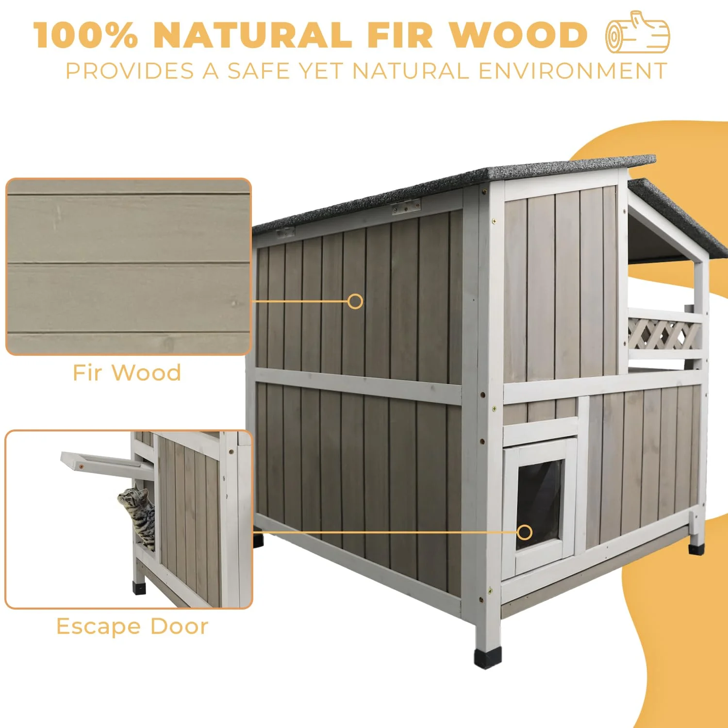 Gowoodhut PET14 Cat House Two-Story Wooden Feral Cat Shelter with Balcony for Indoor & Outdoor - Image 2