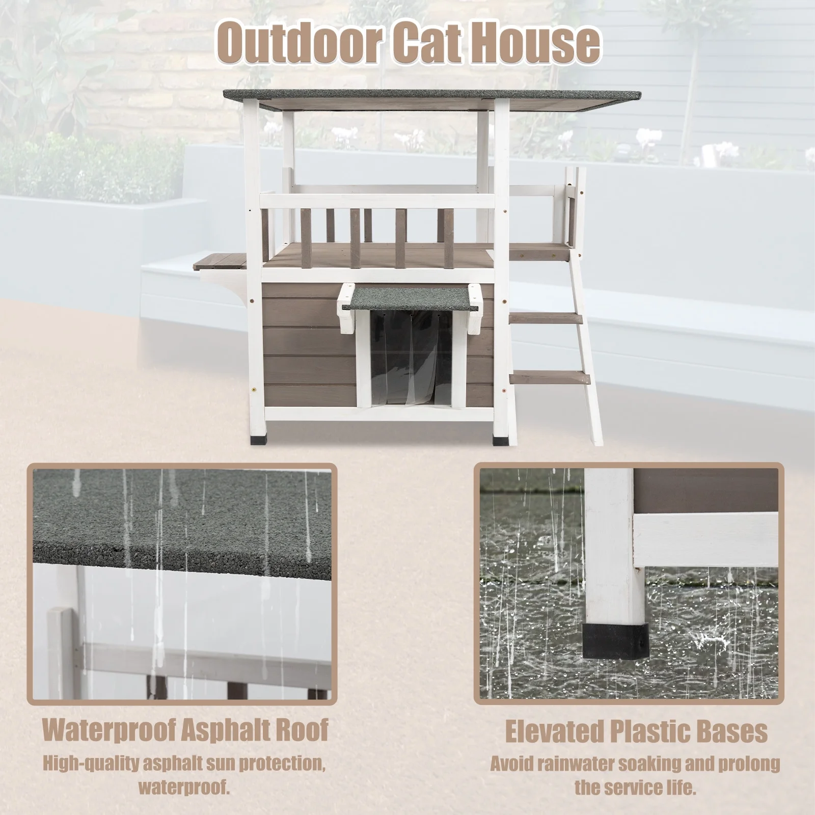Gowoodhut CAT15 Cat House with Balcony Wooden Cat Shelter Outdoor Feral Kitter Shelter with Climbing Ladder - Image 2