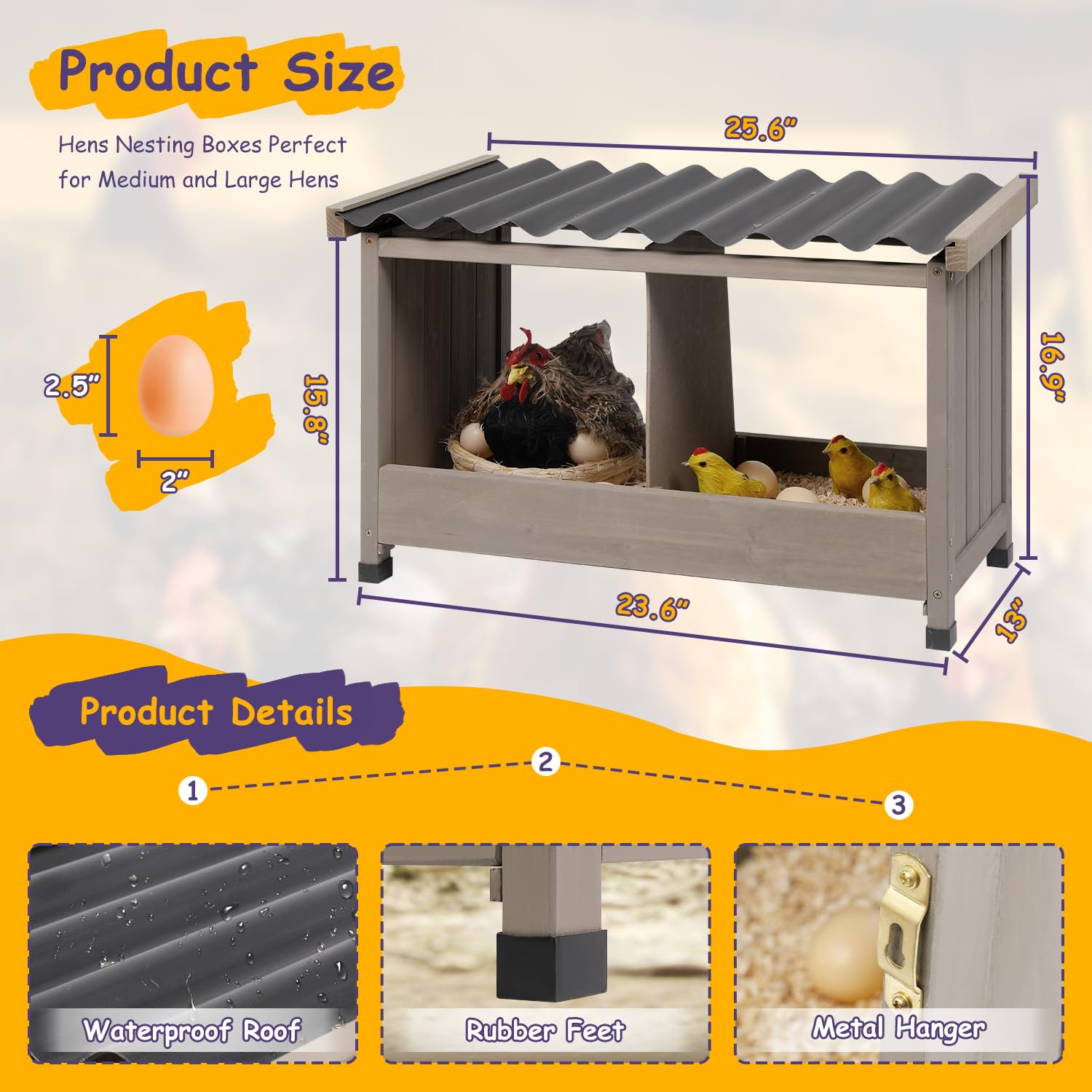Gowoodhut PET55 Chicken Nesting Box, 2 Compartments Wooden Chicken Coop, Wall-Mounted Nesting Boxes - Image 2
