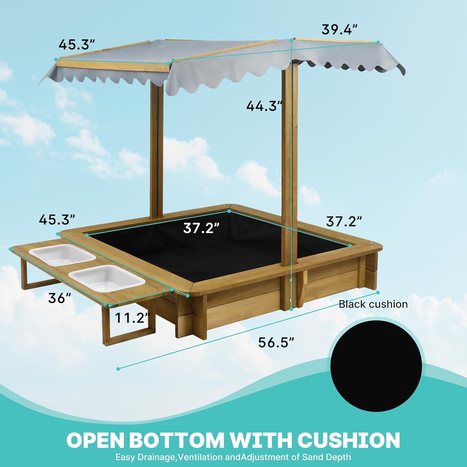 Outdoor GF05 Kids Sandbox with Lid, Wooden Sand Box with Cover, with 2 Side Buckets, Adjustable Canopy & UV-Protection, Natural fir/Smooth Surface, Sand Box for Kids Ages 2-8 - Image 2