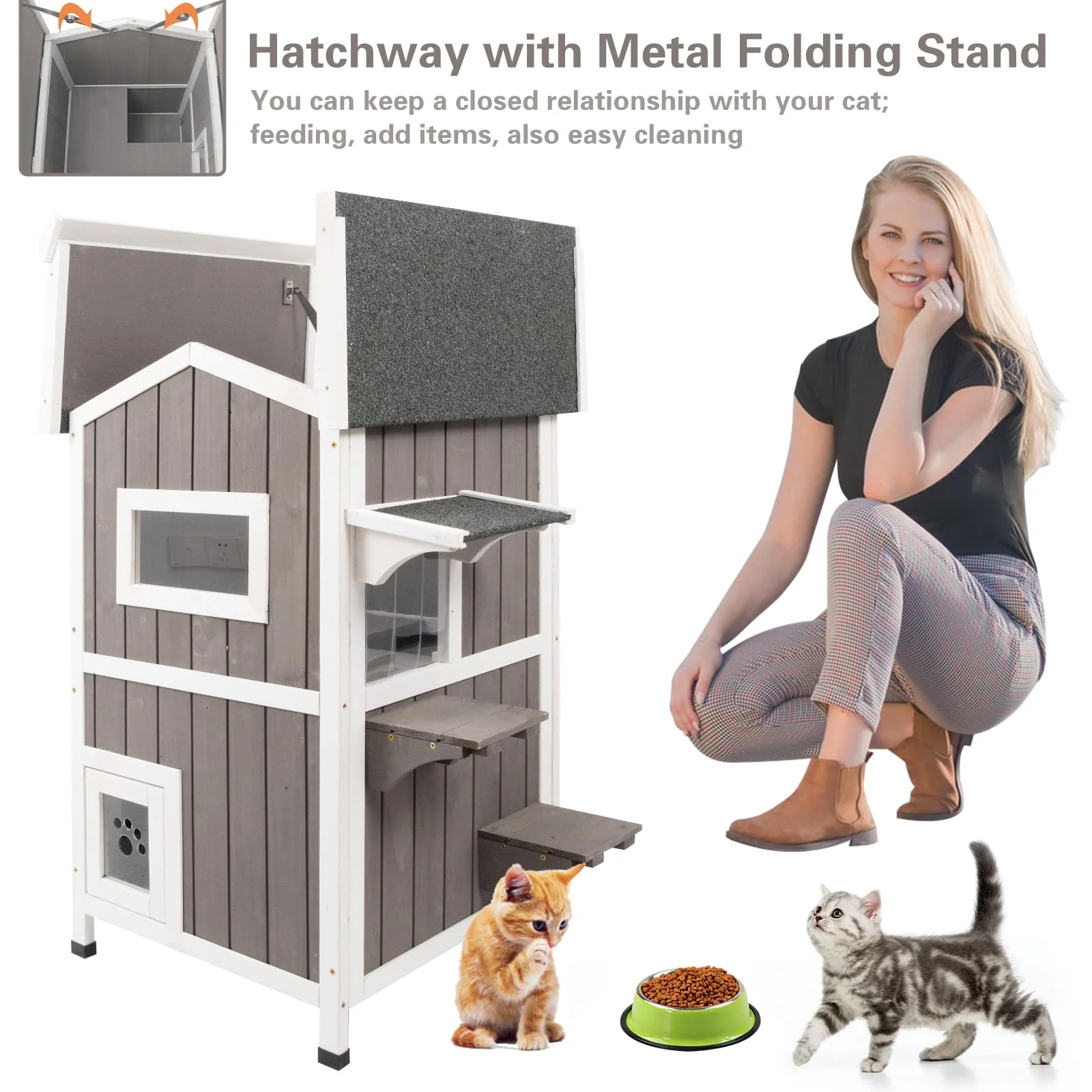 Gowoodhut PET04 Cat House Indoor Outdoor Feral Cat Shelter Kitty House with Escape Door, Gray - Image 3