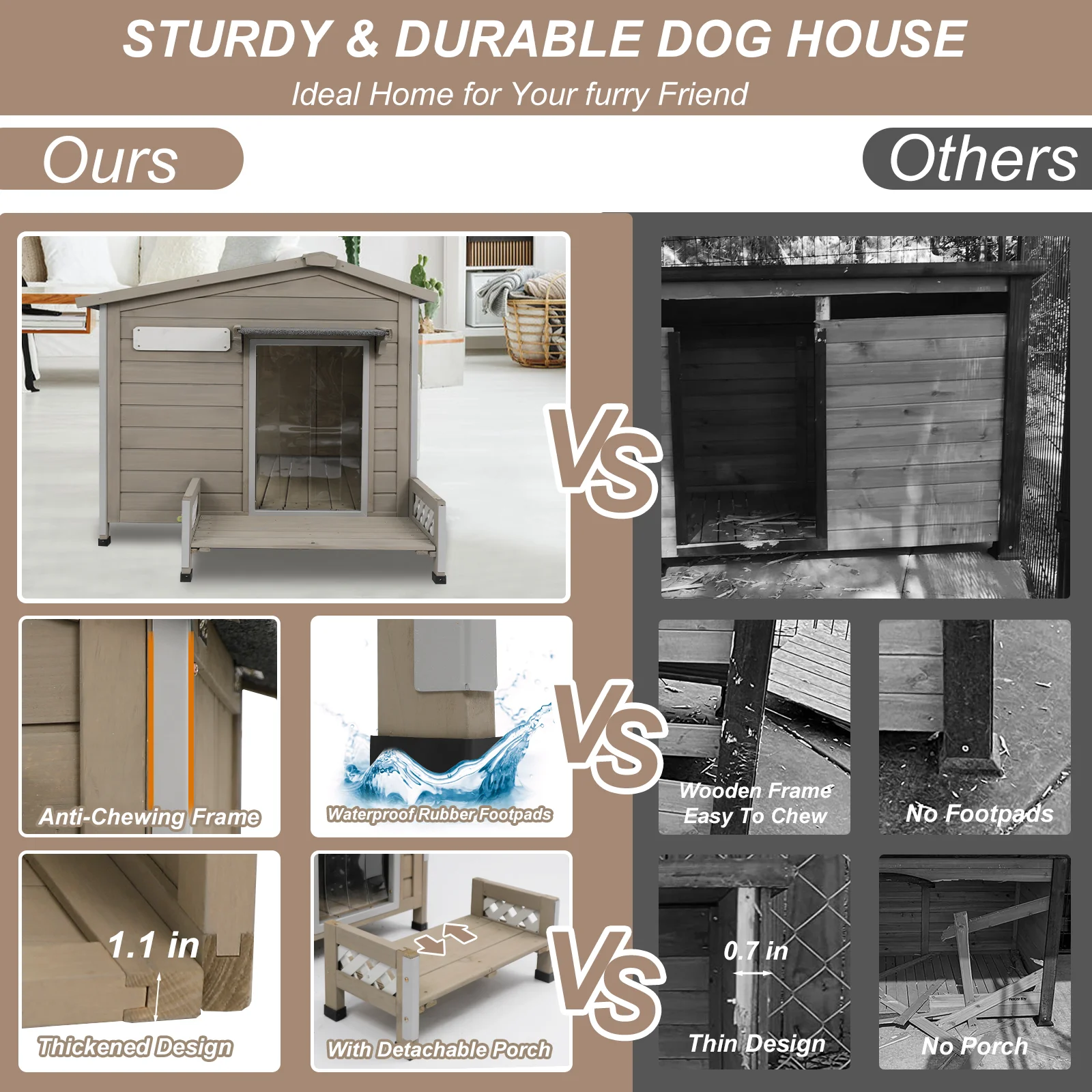 Gowoodhut PET66 Outdoor Dog House with Porch, Anti-Chewing Iron Frame Wooden Dog Kennel - Image 3