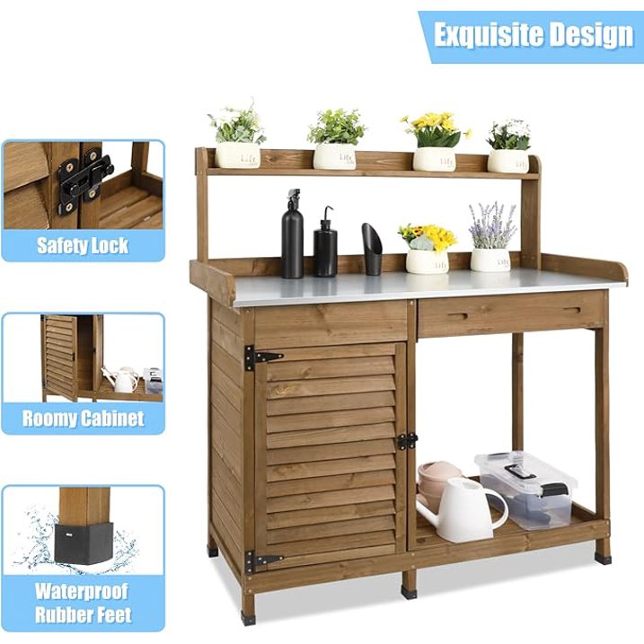 Gowoodhut GF10 Outdoor Garden Potting Bench Table,41" L Wooden Potting Table Work Bench for Horticulture, brown - Image 3