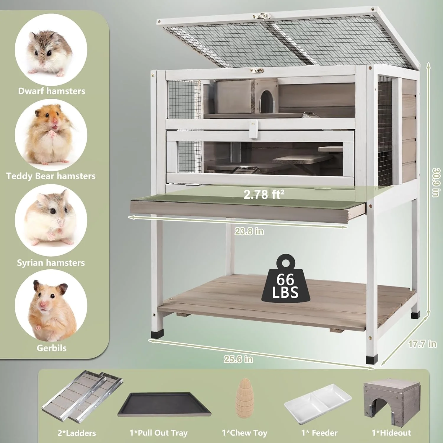 Gowoodhut PET39 Hamster Cages Wooden Guinea Pig Cage Indoor with Hideout for Small Animals, Gray - Image 3