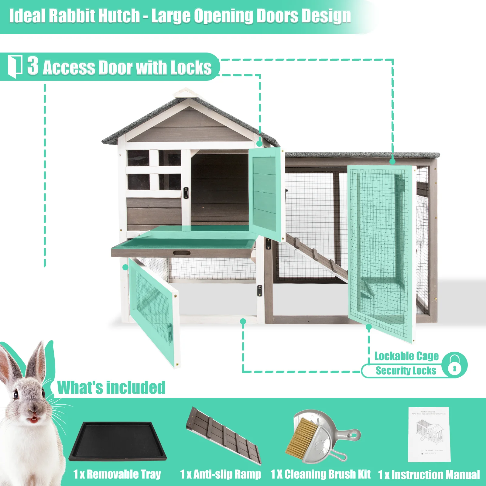 Gowoodhut RAB17 Rabbit Hutch Indoor 2-Story Bunny Cage Outdoor with Run for Small Animals, Gray - Image 3