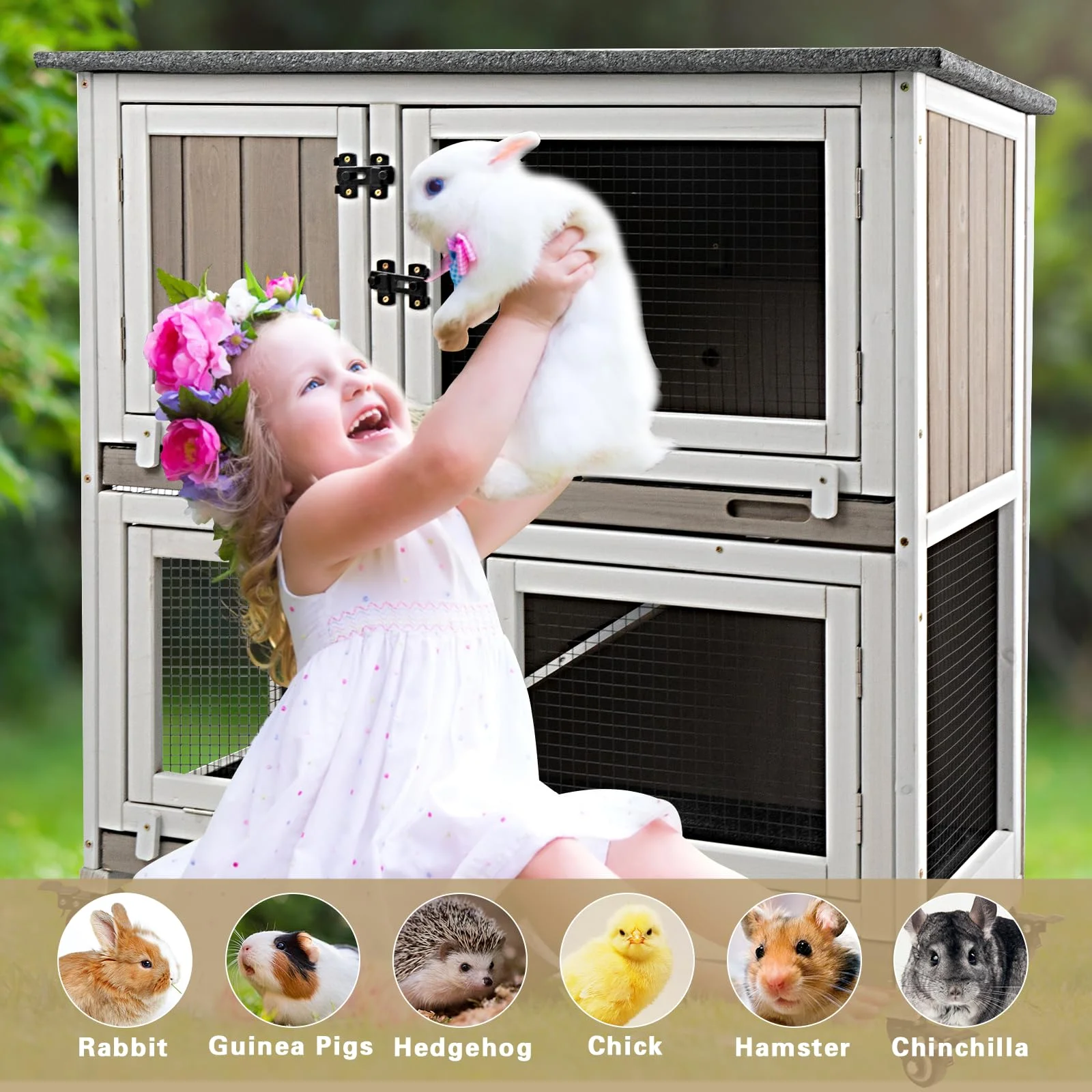 Gowoodhut PET34 Rabbit Hutch Indoor Wooden 2 Story Bunny Hutch Rabbit Cage with Wheels for Small Animals - Image 3