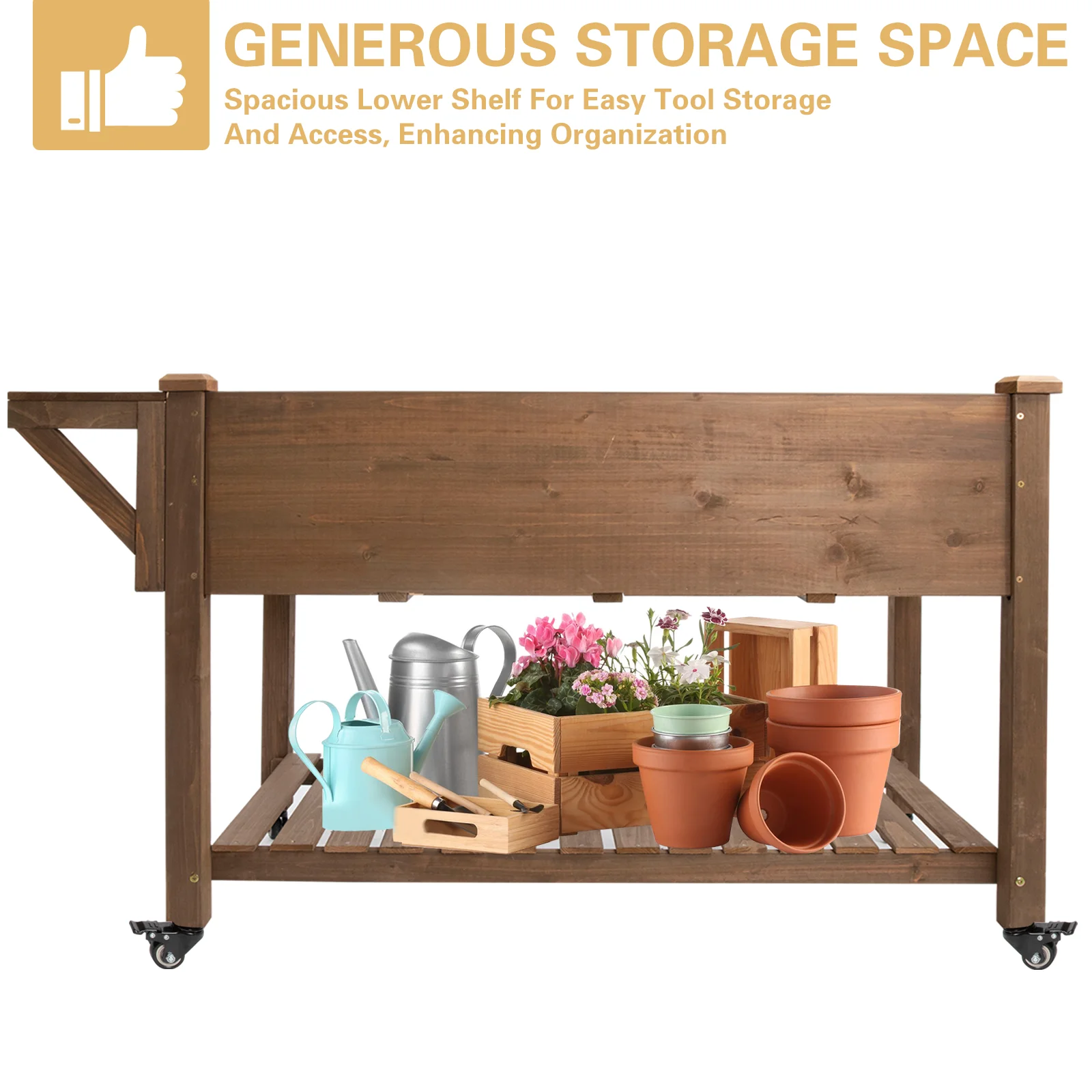 Gowoodhut GF23W Raised Garden Bed Mobile Outdoor Wooden Planter Box with Legs & Side Table - Image 3