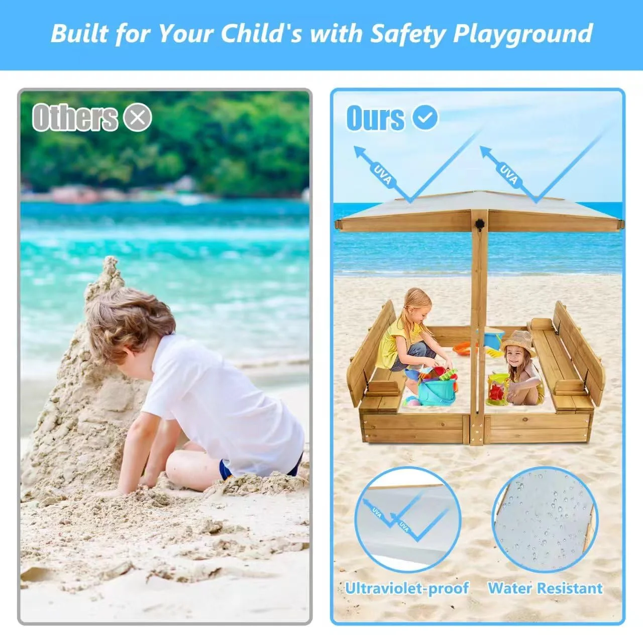 Gowoodhut GF01 Wooden Sandbox with Lid Outdoor Sand Box with Adjustable Height Roof for Kids - Image 3