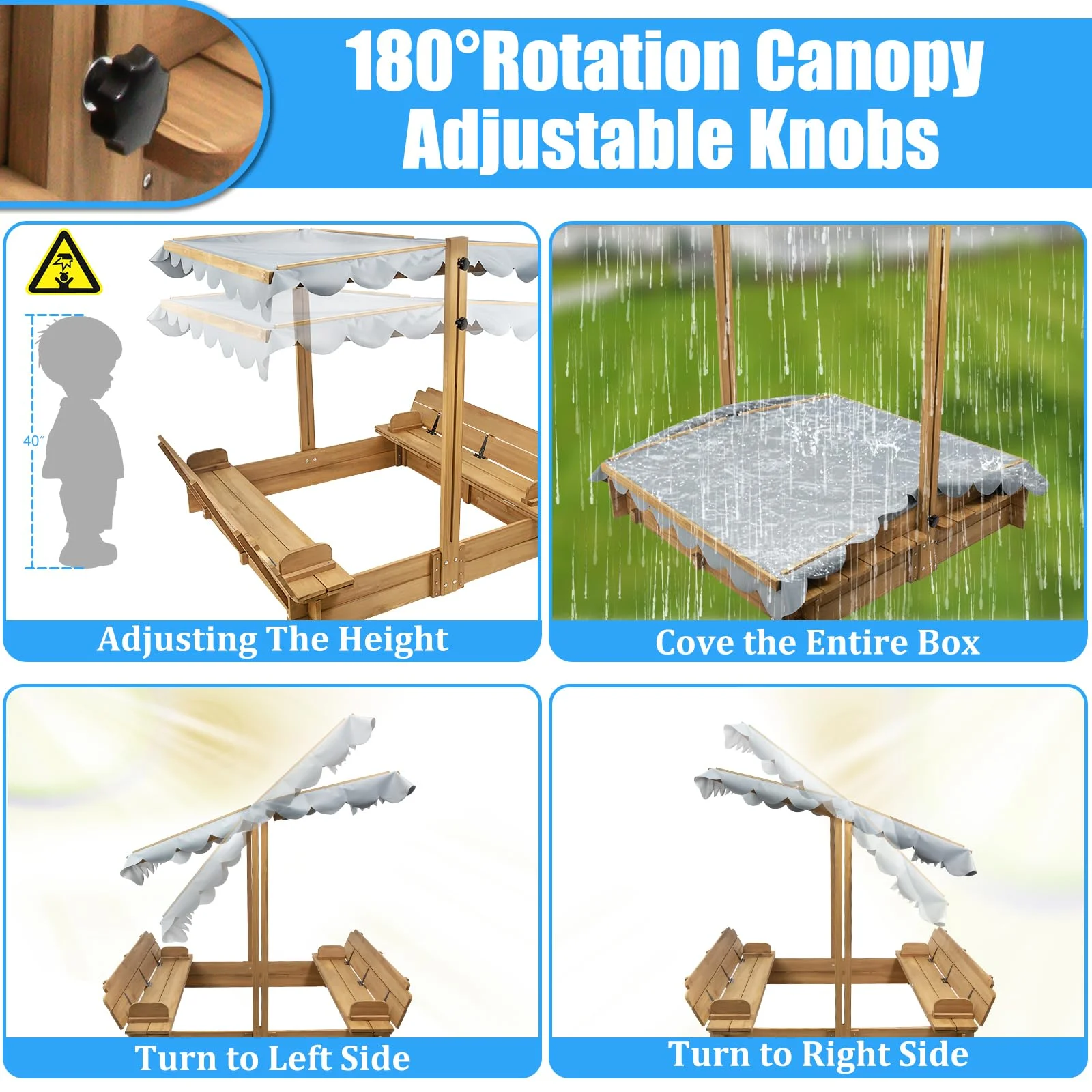 Gowoodhut GF03 Wooden Sandbox with Lid, Kids Sandbox with Cover Outdoor, Sandbox with 2 Foldable Bench Seats for Backyard - Image 3