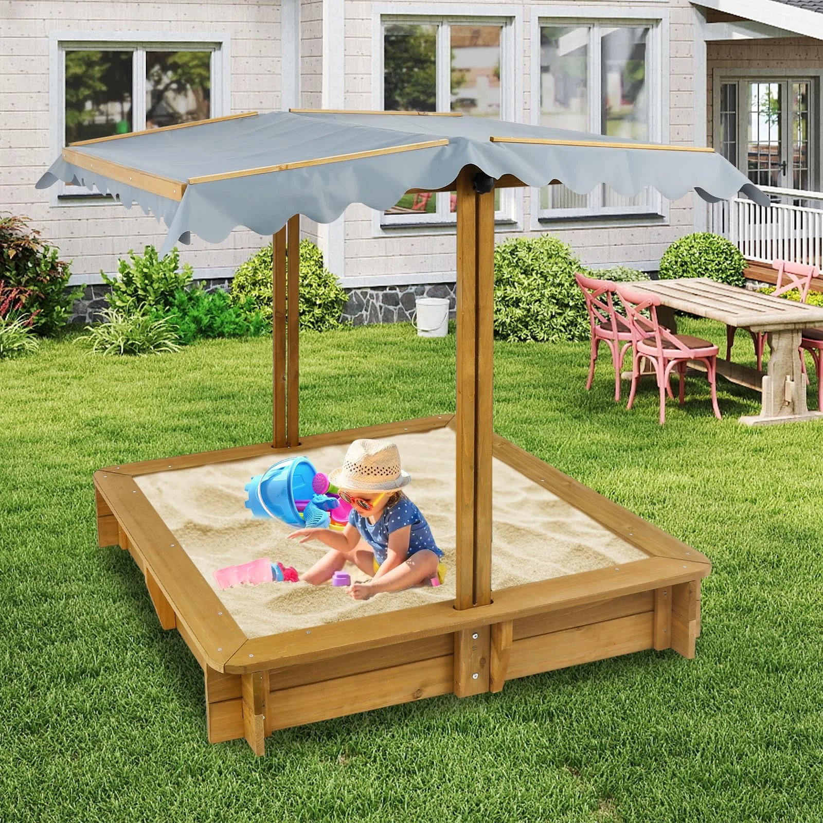 Gowoodhut GF04 Wooden Sandbox Outdoor Backyard, Kid's Large Sand Box with Retractable Canopy for Aged 3-8 Years Old,45.3x45.3in Children Sand Pit Play Equipment with Bottom Liner for Beach Garden, Brown - Image 3