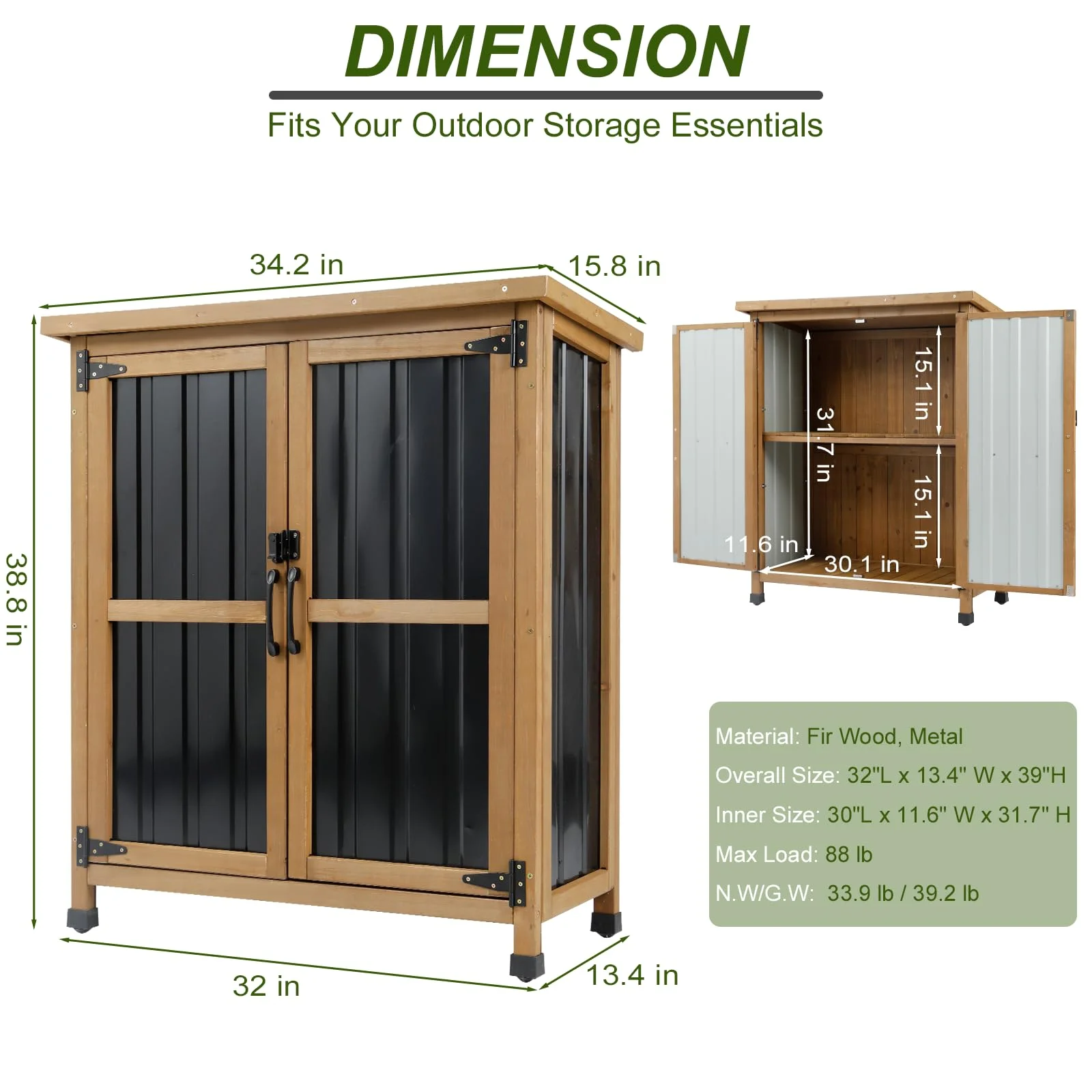 Gowoodhut GF31 Outdoor Storage Cabinet Wood & Metal Small Storage Shed Waterproof Roof, Double Lockable Doors Garden Shed with Removable Shelves for Patio, Garden, Backyard, Lawn - Image 3