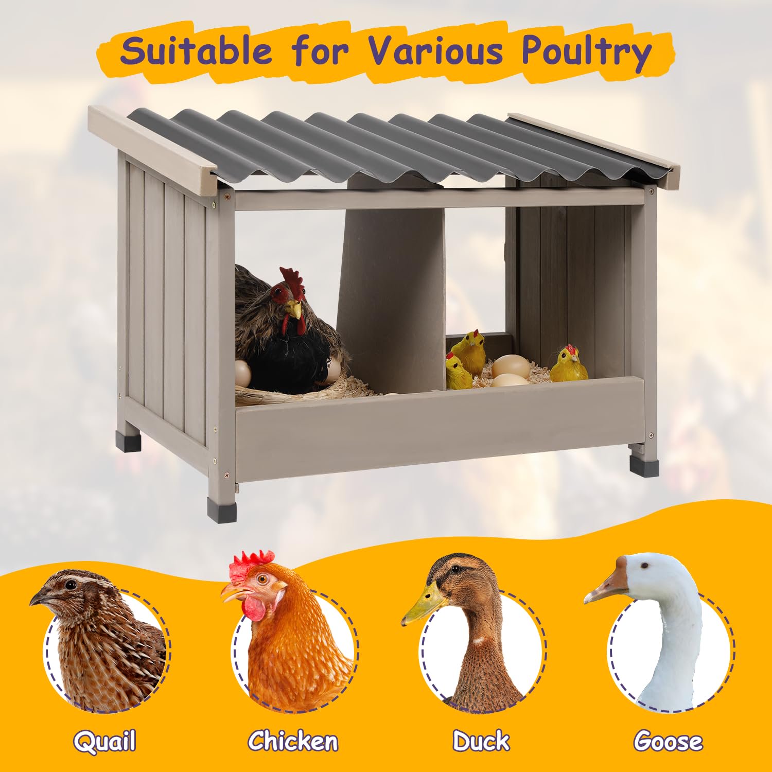 Gowoodhut PET55 Chicken Nesting Box, 2 Compartments Wooden Chicken Coop, Wall-Mounted Nesting Boxes - Image 3