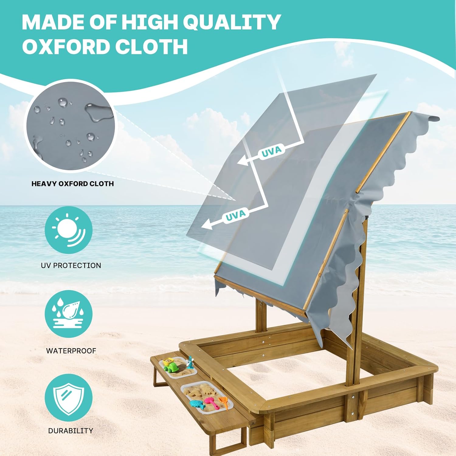 Outdoor GF05 Kids Sandbox with Lid, Wooden Sand Box with Cover, with 2 Side Buckets, Adjustable Canopy & UV-Protection, Natural fir/Smooth Surface, Sand Box for Kids Ages 2-8 - Image 3