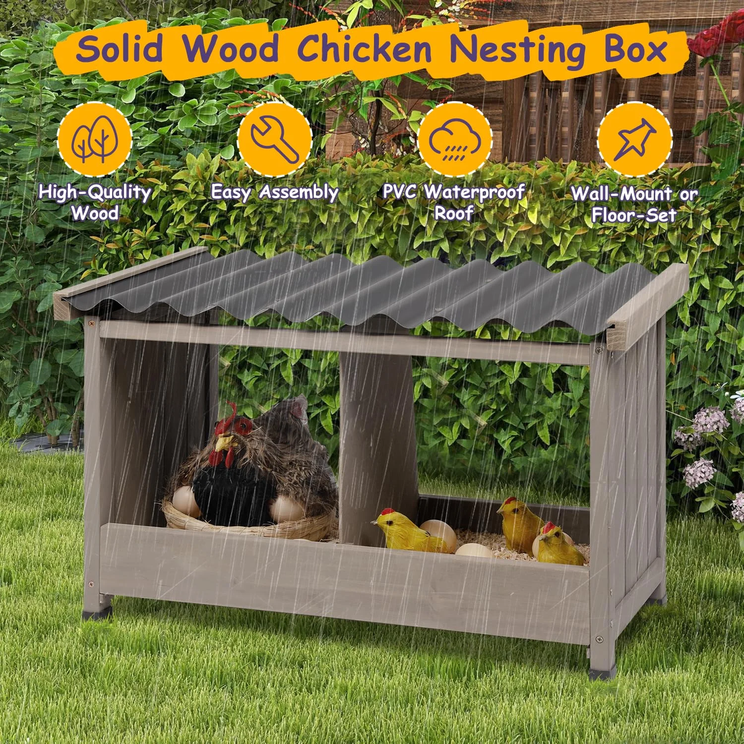 Gowoodhut PET55 Chicken Nesting Box, 2 Compartments Wooden Chicken Coop, Wall-Mounted Nesting Boxes - Image 4
