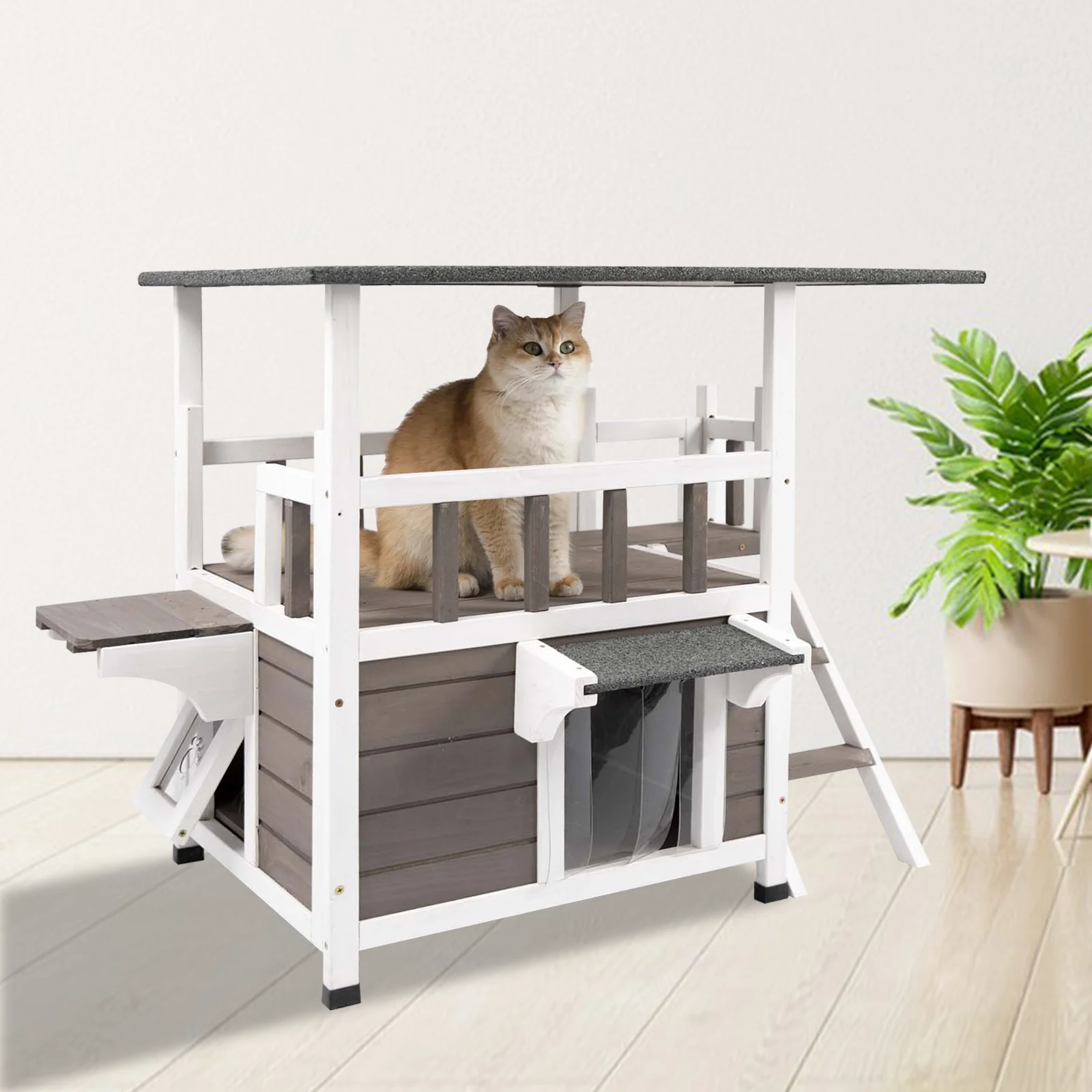 Gowoodhut CAT15 Cat House with Balcony Wooden Cat Shelter Outdoor Feral Kitter Shelter with Climbing Ladder - Image 4