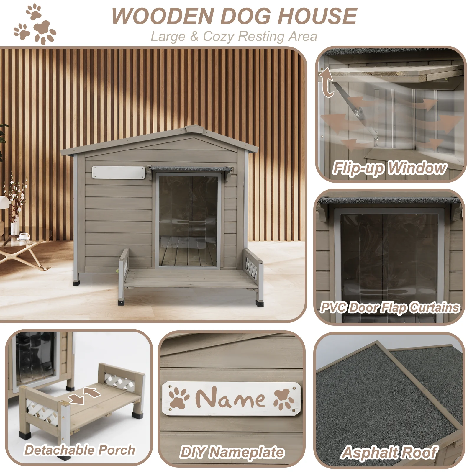 Gowoodhut PET66 Outdoor Dog House with Porch, Anti-Chewing Iron Frame Wooden Dog Kennel - Image 4