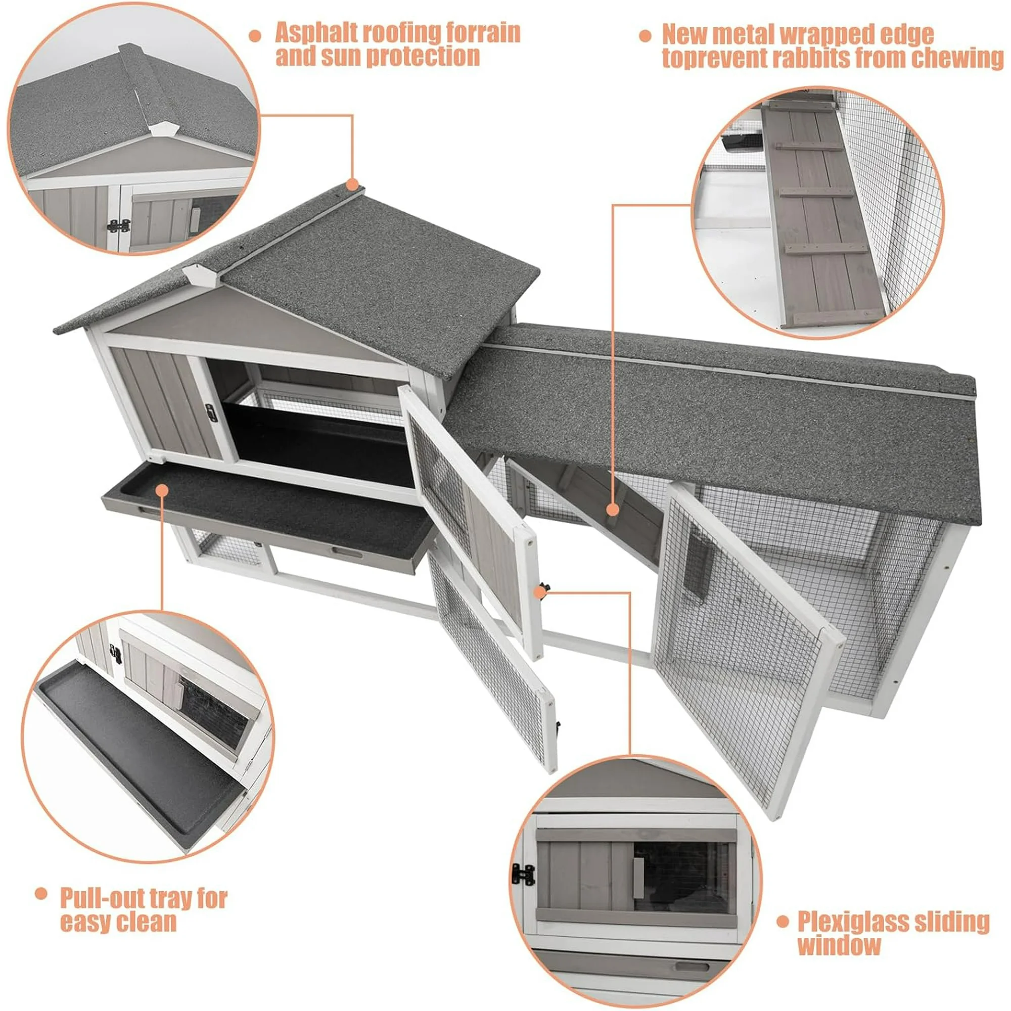 Gowoodhut PET36 Rabbit Hutch Indoor Outdoor 68.9" L Bunny Hutch with Pull Out Tray - Image 4