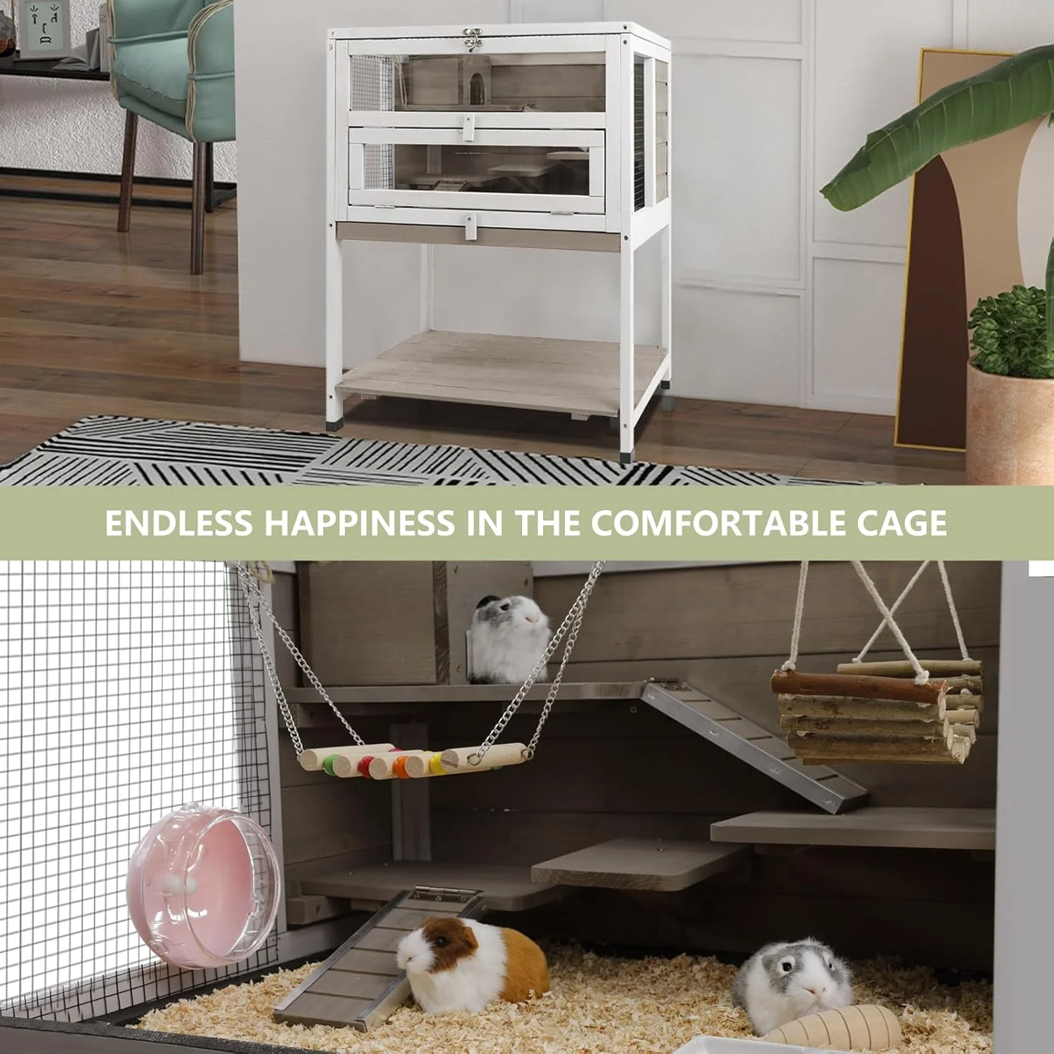 Gowoodhut PET39 Hamster Cages Wooden Guinea Pig Cage Indoor with Hideout for Small Animals, Gray - Image 4