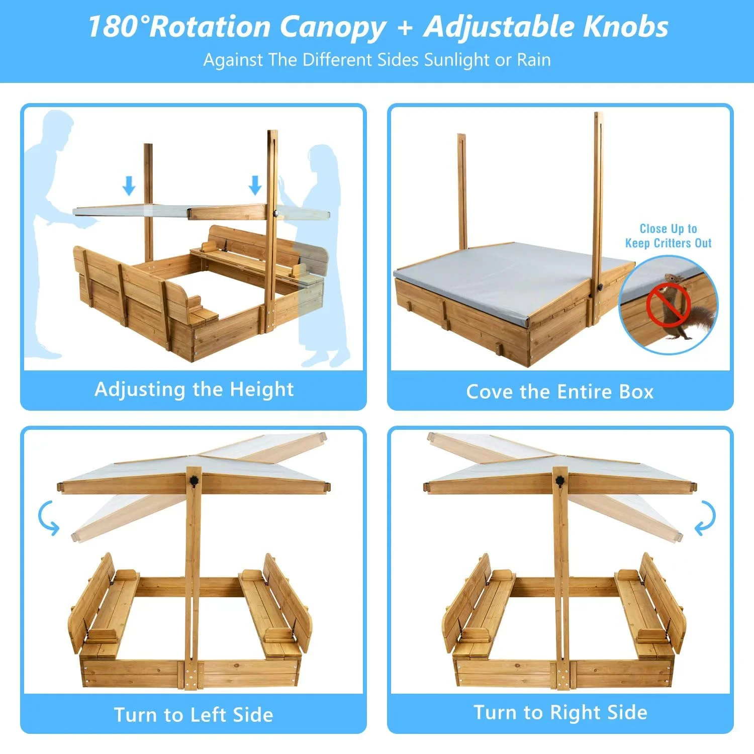 Gowoodhut GF01 Wooden Sandbox with Lid Outdoor Sand Box with Adjustable Height Roof for Kids - Image 4