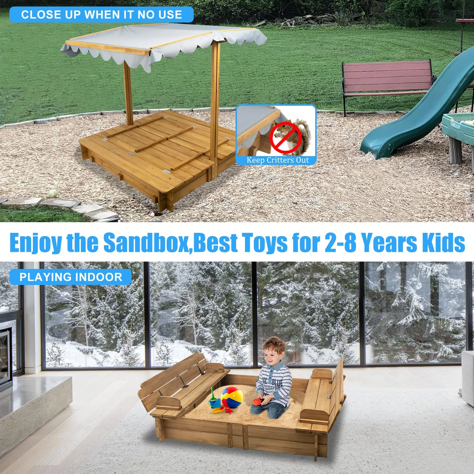 Gowoodhut GF03 Wooden Sandbox with Lid, Kids Sandbox with Cover Outdoor, Sandbox with 2 Foldable Bench Seats for Backyard - Image 4