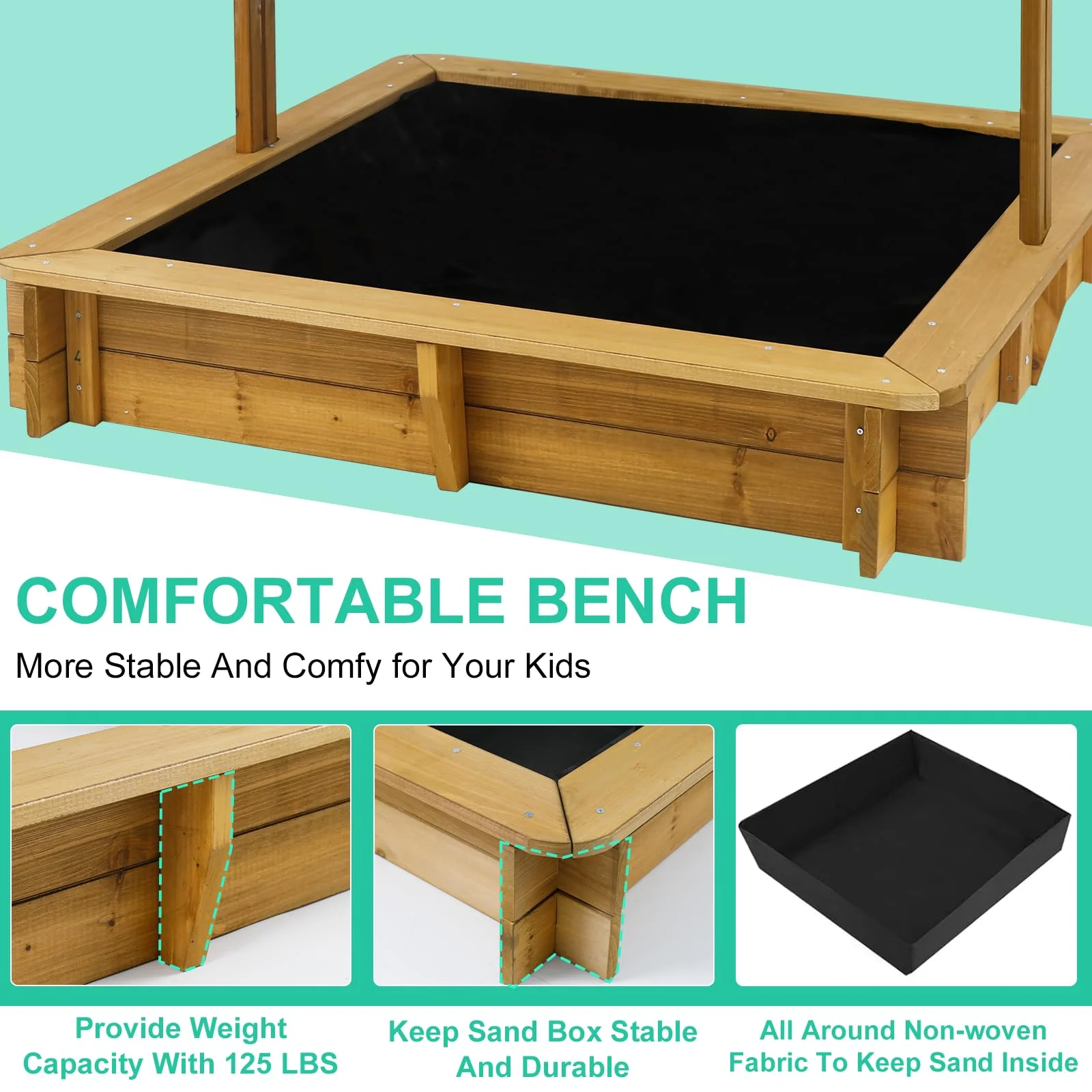 Gowoodhut GF04 Wooden Sandbox Outdoor Backyard, Kid's Large Sand Box with Retractable Canopy for Aged 3-8 Years Old,45.3x45.3in Children Sand Pit Play Equipment with Bottom Liner for Beach Garden, Brown - Image 4