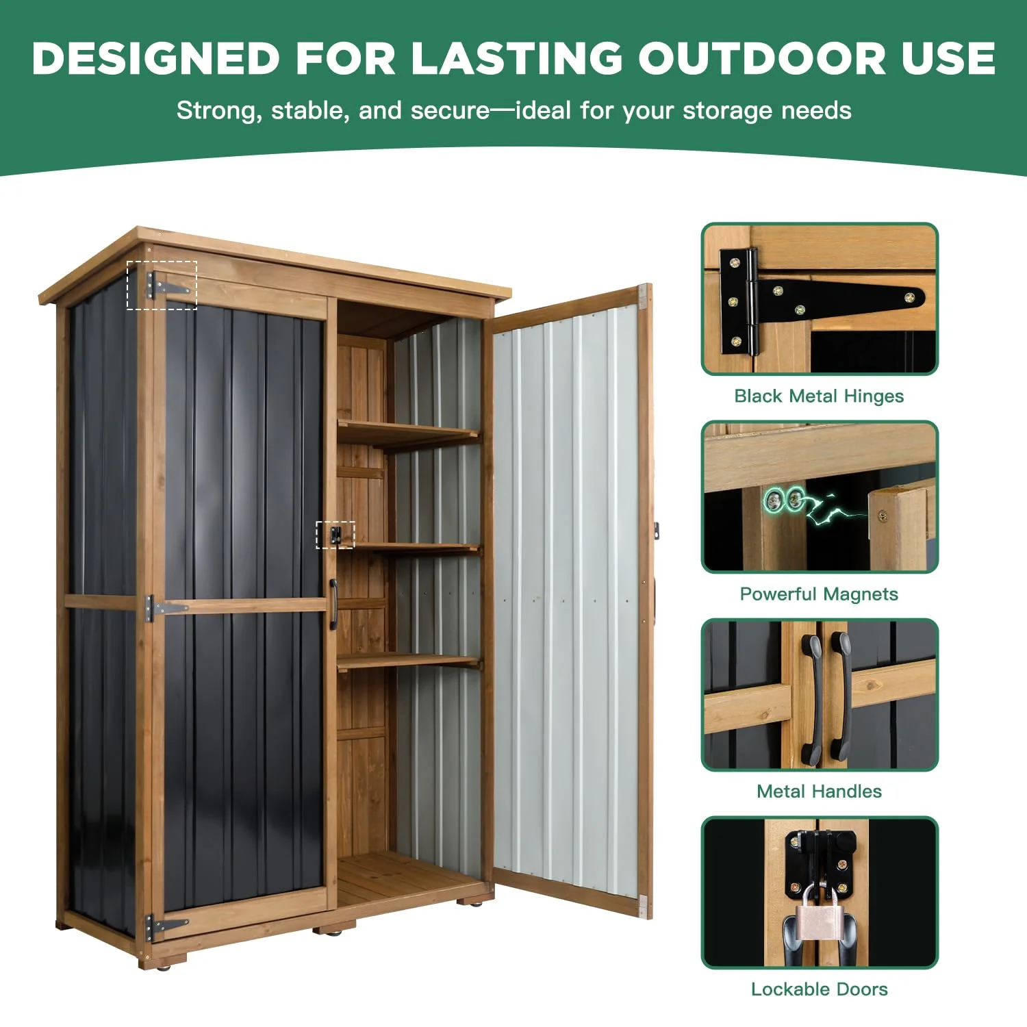 Gowoodhut GF33 Outdoor Storage Cabinet Wood & Metal, Storage Shed with Weatherproof Double Lock for Anti-Theft Removable Shelves Adjustable Feet Wooden Floor - Image 4