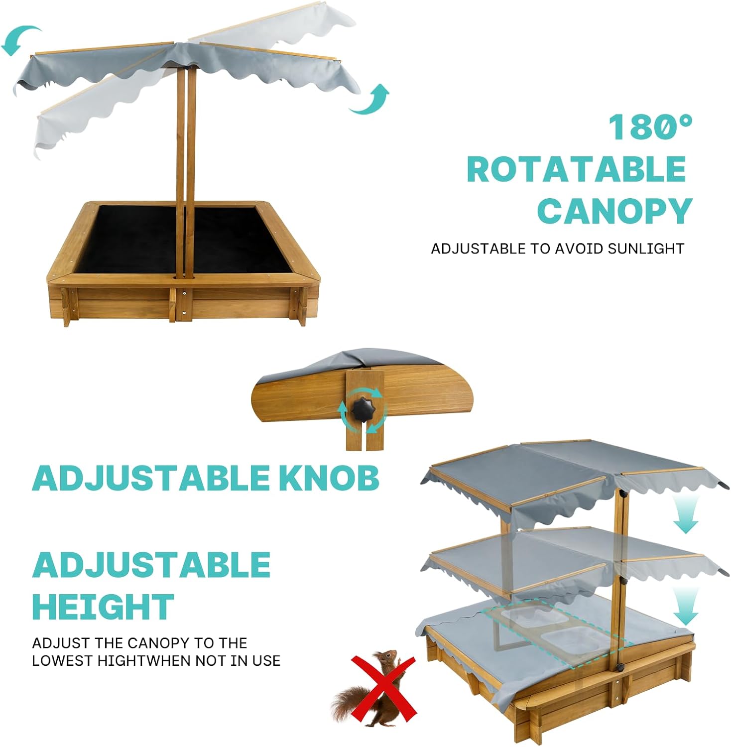 Outdoor GF05 Kids Sandbox with Lid, Wooden Sand Box with Cover, with 2 Side Buckets, Adjustable Canopy & UV-Protection, Natural fir/Smooth Surface, Sand Box for Kids Ages 2-8 - Image 4