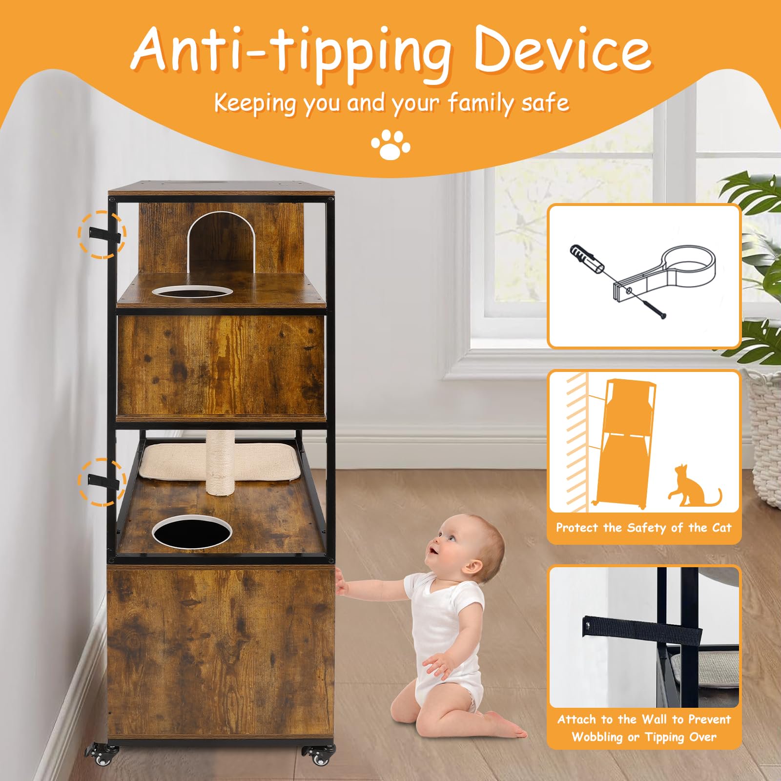 Gowoodhut PET54 Cat Tree Furniture, Cat Litter Box Enclosure Furniture with Caster - Image 5