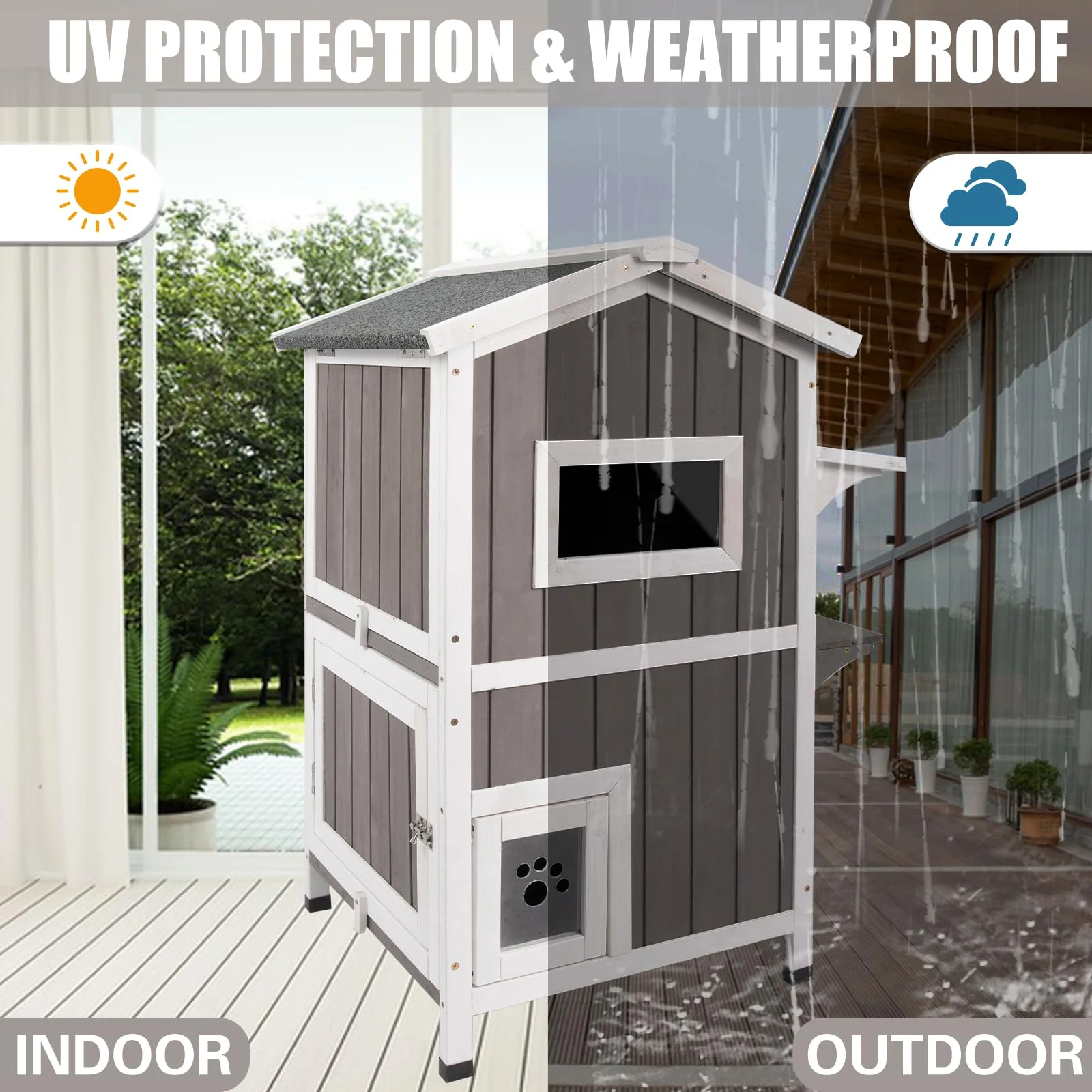 Gowoodhut PET04 Cat House Indoor Outdoor Feral Cat Shelter Kitty House with Escape Door, Gray - Image 5