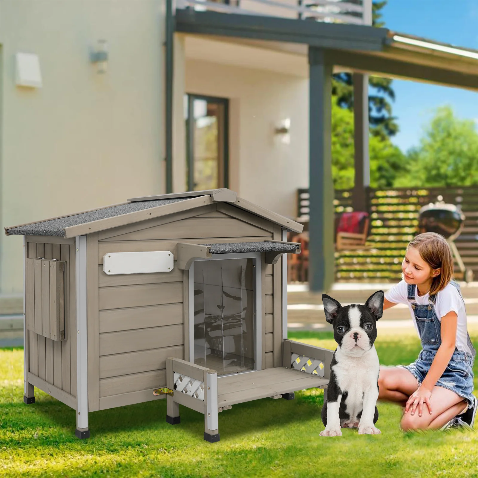 Gowoodhut PET66 Outdoor Dog House with Porch, Anti-Chewing Iron Frame Wooden Dog Kennel - Image 5