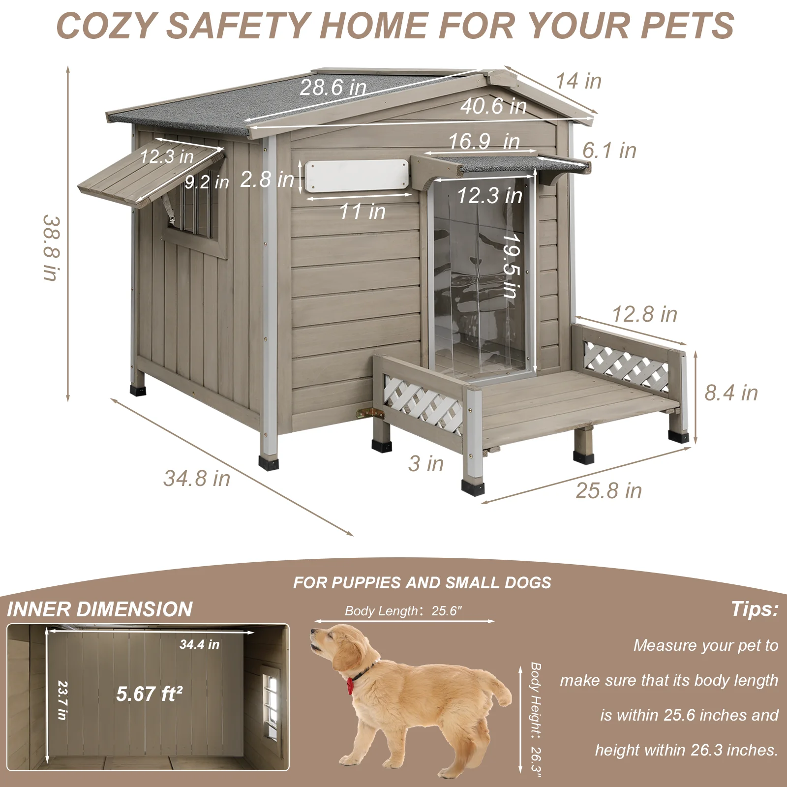 Gowoodhut PET67 Outdoor Dog House with Porch, Wooden Dog Kennel with Asphalt Roof - Image 5