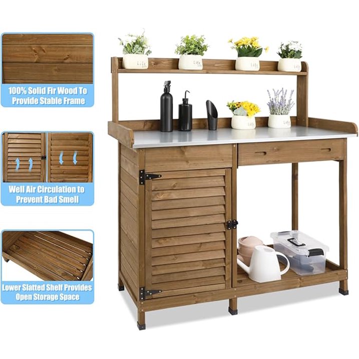 Gowoodhut GF10 Outdoor Garden Potting Bench Table,41" L Wooden Potting Table Work Bench for Horticulture, brown - Image 5